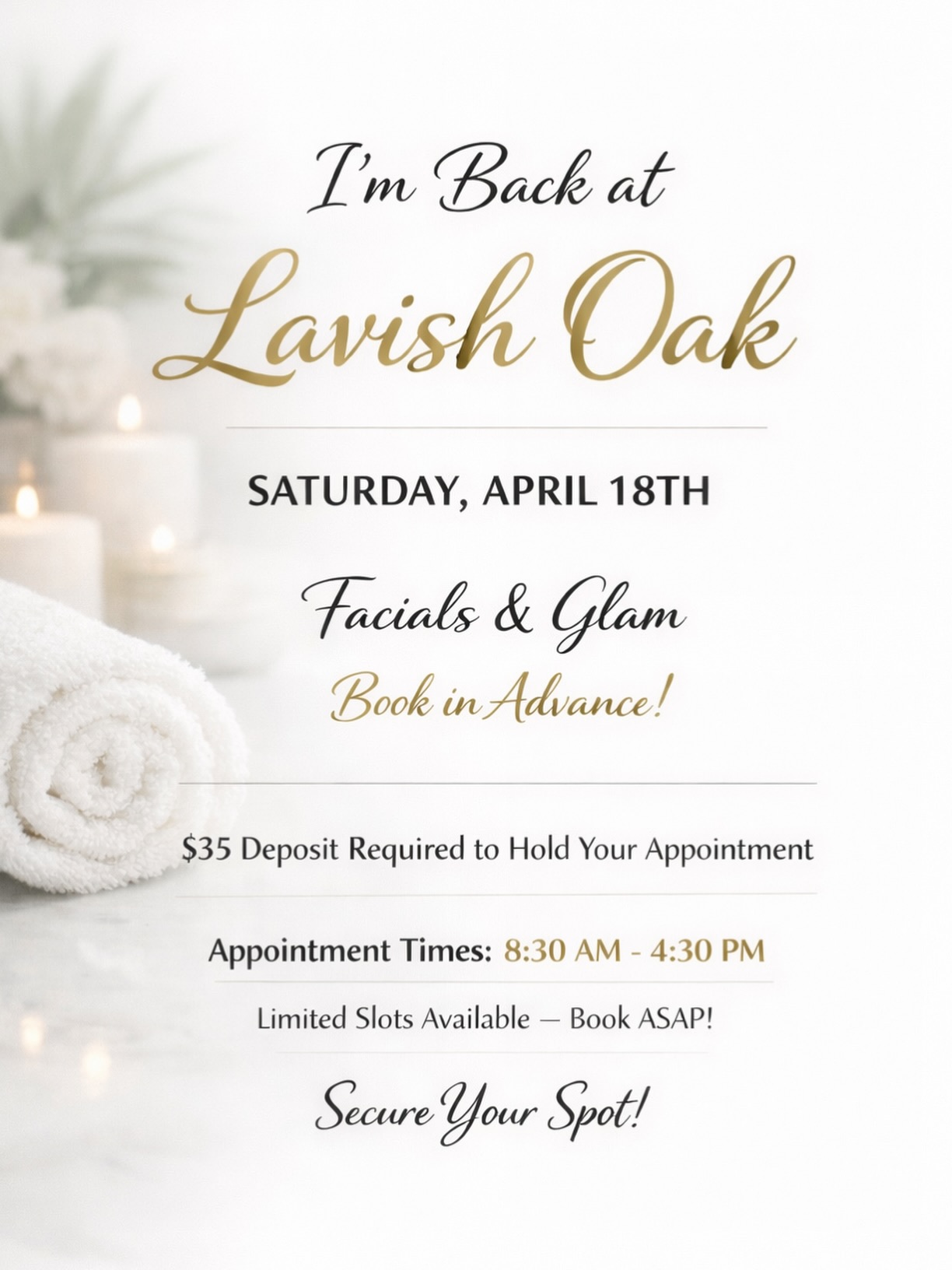A day of beauty at Lavish Oak ✨
Saturday, April 18th | 8:30–4:30
Facials & glam by appointment only.
Limited availability — book early.
$35 deposit required.
#downtownontario #iefacials #ieglam #iemakeupartist #glowbynoraflo