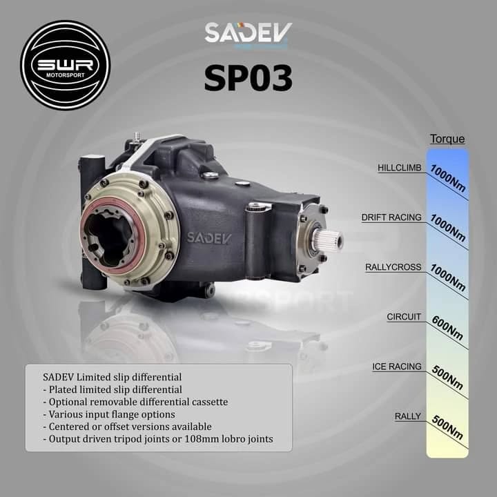 πβ SADEV FRONT & REAR DIFFERENTIALS βπ
Available on order through SWR Motorsport, Sadev's Limited Slip Differentials will provide a punch to your competition cars.
The versatile SP03 is fitted to a huge variety of projects and applications from Drift Racing to Ice Racing and all the in-betweens, giving the reliability and strength desired.
Where Rally Raid is concerned, the SP05 will answer. Offering high power capacity and many options to assist with off-roading, the SP05 is up to the task.
Please feel free to contact us for any information, pricing or advice!
#SWR #SWRMotorsportUK #UK #SWRMotorsport #Sadev #SADEV #Transmissions #Transmission #Competition #Racing #motorsport #racing #motorsports #Offroad #Hillclimb #Circuit #Rally #Rallycross #Rallyraid #drifting #driftracing #iceracing #differential #limitedslipdifferential