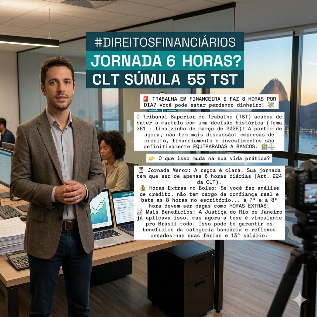 🚨 TRABALHA EM FINANCEIRA E FAZ 8 HORAS POR DIA? Você pode estar perdendo dinheiro! 💸
O Tribunal Superior do Trabalho (TST) acabou de bater o martelo com uma decisão histórica (Tema 261 - finalzinho de março de 2026)! A partir de agora, não tem mais discussão: empresas de crédito, financiamento e investimentos são definitivamente EQUIPARADAS A BANCOS. 🏦⚖️
👉 O que isso muda na sua vida prática?
⏳ Jornada Menor: A regra é clara. Sua jornada tem que ser de apenas 6 horas diárias (Art. 224 da CLT).
💰 Horas Extras no Bolso: Se você faz análise de crédito, não tem cargo de confiança real e bate as 8 horas no escritório... a 7ª e a 8ª hora devem ser pagas como HORAS EXTRAS!
📈 Mais Benefícios: A Justiça do Rio de Janeiro já aplicava isso, mas agora a tese é vinculante pro Brasil todo. Isso pode te garantir os benefícios da categoria bancária e reflexos pesados nas suas férias e 13º salário.
⚠️ Você não pode deixar esse dinheiro na mesa! O que fazer agora?
1️⃣ Comece a juntar provas: holerites, ponto e e-mails.
2️⃣ Procure um advogado trabalhista de confiança para analisar o seu caso.
👇 Não guarde essa informação só pra você:
Já SALVA esse vídeo para não esquecer os seus direitos e COMPARTILHA agora com aquele colega do escritório que também faz 8 horas por dia! 🚀
#DireitoDoTrabalho #HorasExtras #Bancarios #Financeiras #TST AdvogadoTrabalhista CLT DireitosDoTrabalhador RioDeJaneiro Advocacia