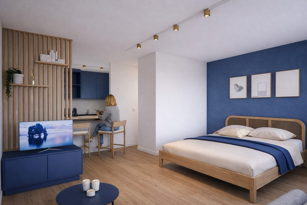 Modélisation 3D : Transformation d’un studio existant en un espace optimisé, pensé pour la vie étudiante.
Un aménagement semi-meublé avec du mobilier sur mesure pour exploiter chaque mètre carré avec justesse et élégance.
#architectureinterieure #interiordesign #designsuisse #neuchatel #renovation