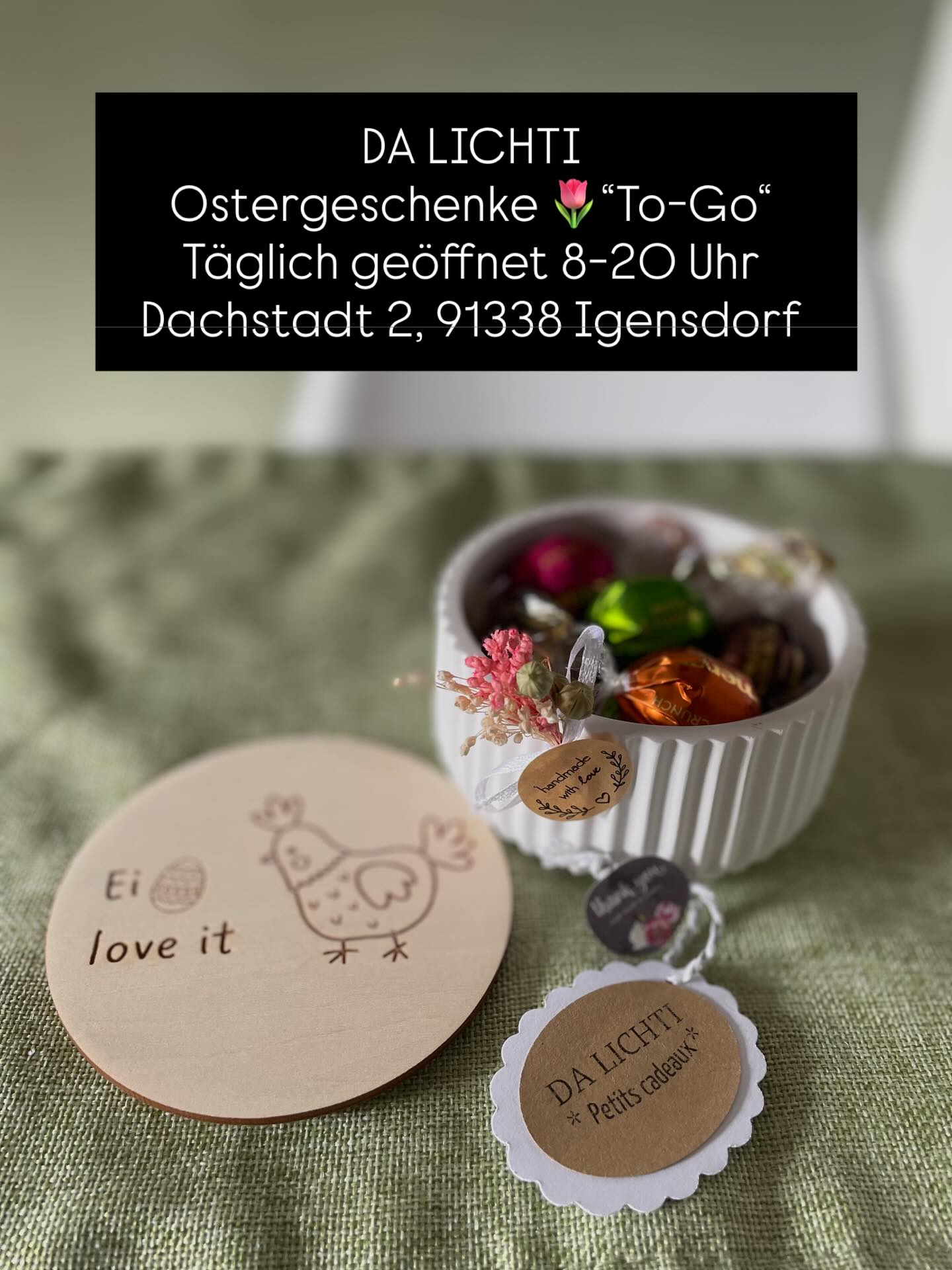Hast du schon deine Ostermitbringsel besorgt ? 🐣🌷🐰
In unserem Geschenke-Regal „To Go“ findest du sicher eine Kleinigkeit .. natürlich komplett mit ❤️handgefertigt in unserer Werkstatt .