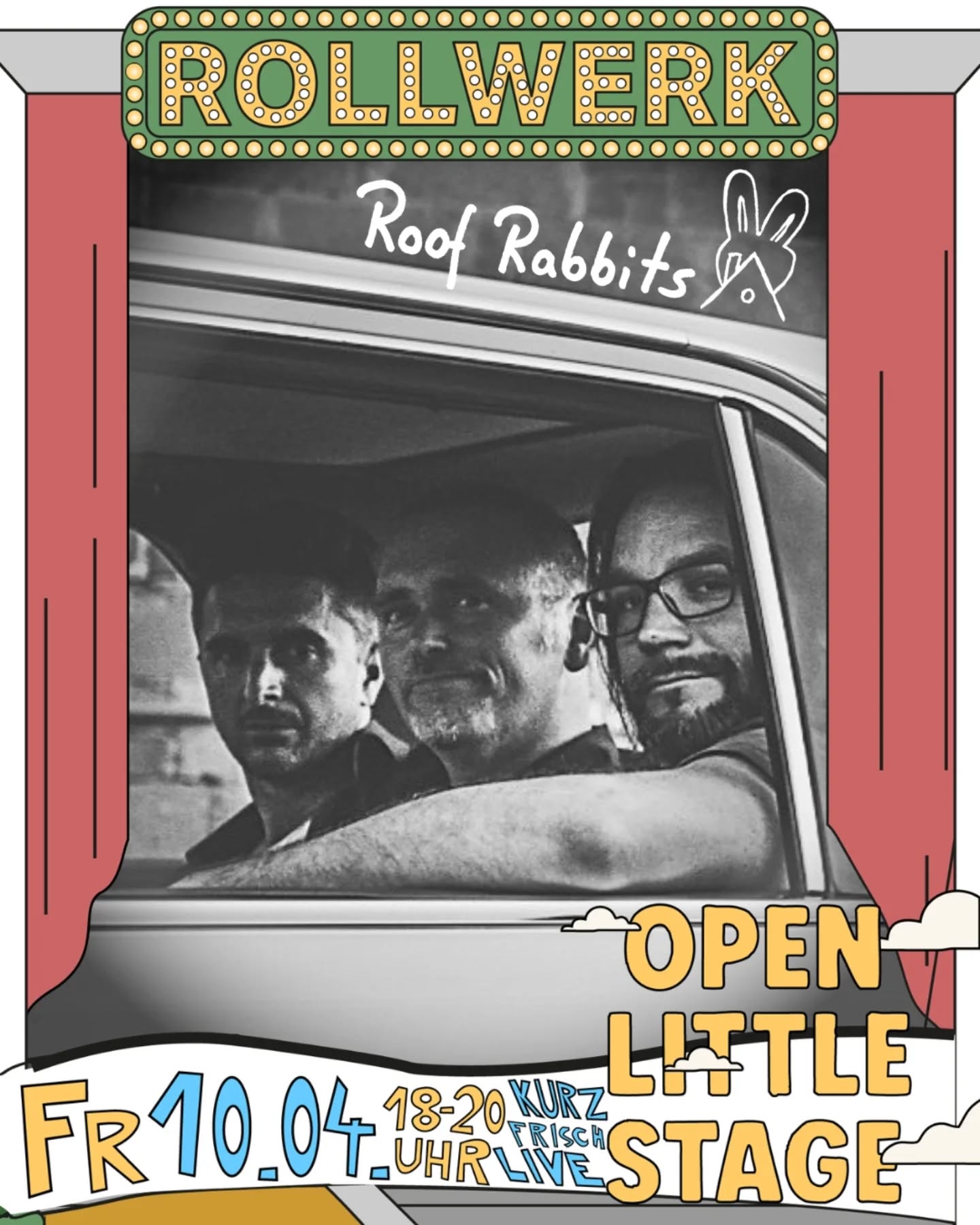 OpenLittleStage Auftakt!
Am 10.04.2026 eröffnen "Roof Rabbits" (@roofrabbits ) unsere Konzertreihe.✨️
Die Band ist auf den Dächern Rüsselsheim unterwegs um ihre Musik zu verbreiten.
Diese ist stark durch den amerikanischen Collage Rock der 80er und Grunge der 90er geprägt.
Eigene Songs mit sehr direkten Texten auf Deutsch und Englisch, erzählen Geschichten aus dem Leben
mit spaßigen und kritischen Untertönen.
DIe „Rabbits“ entwickelten sehr früh einen eigen Stil, der sehr abwechslungsreiche Songs liefert, da jedes Bandmitglied Lieder für die Band schreibt. So entstand eine Mischung aus Deutsch-Rock,
Alternative, Blues-Rock mit jeweils kontrastreichen Wechseln.
📍 Rollwerk Rüsselsheim
🕘 Einlass ab 18 Uhr | Beginn 18:30 Uhr
🎫 Eintritt frei - Austrittskasse
Kommt vorbei und erlebt, wie aus Klang und Chaos ein
außergewöhnlicher Auftaktabend entsteht.🔥