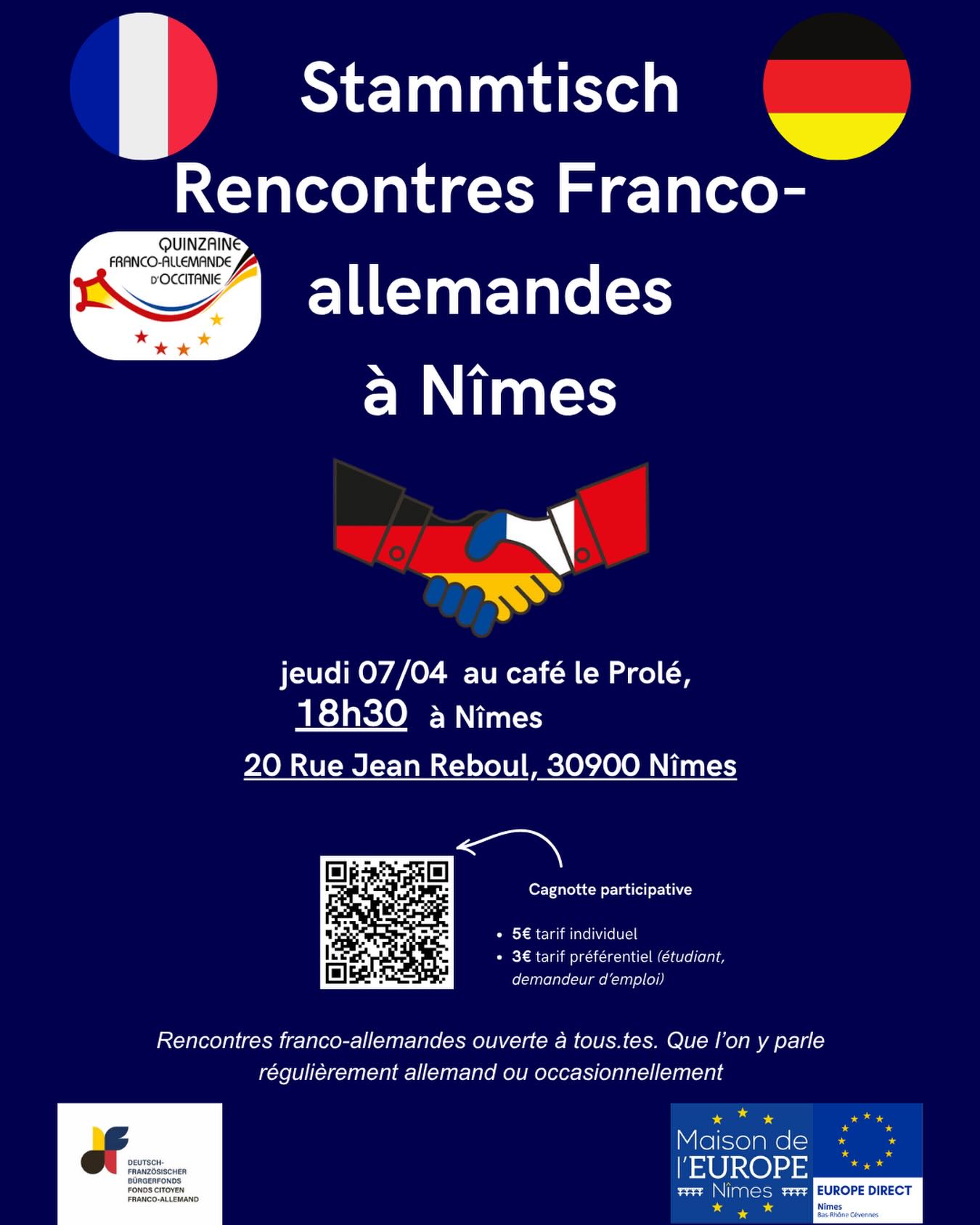 Vous parlez ou apprenez l’allemand ? Venez nous rejoindre au Stammtisch franco-allemand » le 7 avril à 18h30 au Café Prolé à Nîmes. Discussions, convivialité et rencontres autour d’un Glühwein et de petits fours, grâce au Fonds citoyen franco-allemand.
#StammtischFrancoAllemand #FrancoAllemand
#CaféProlé #Nîmes #gluhwein