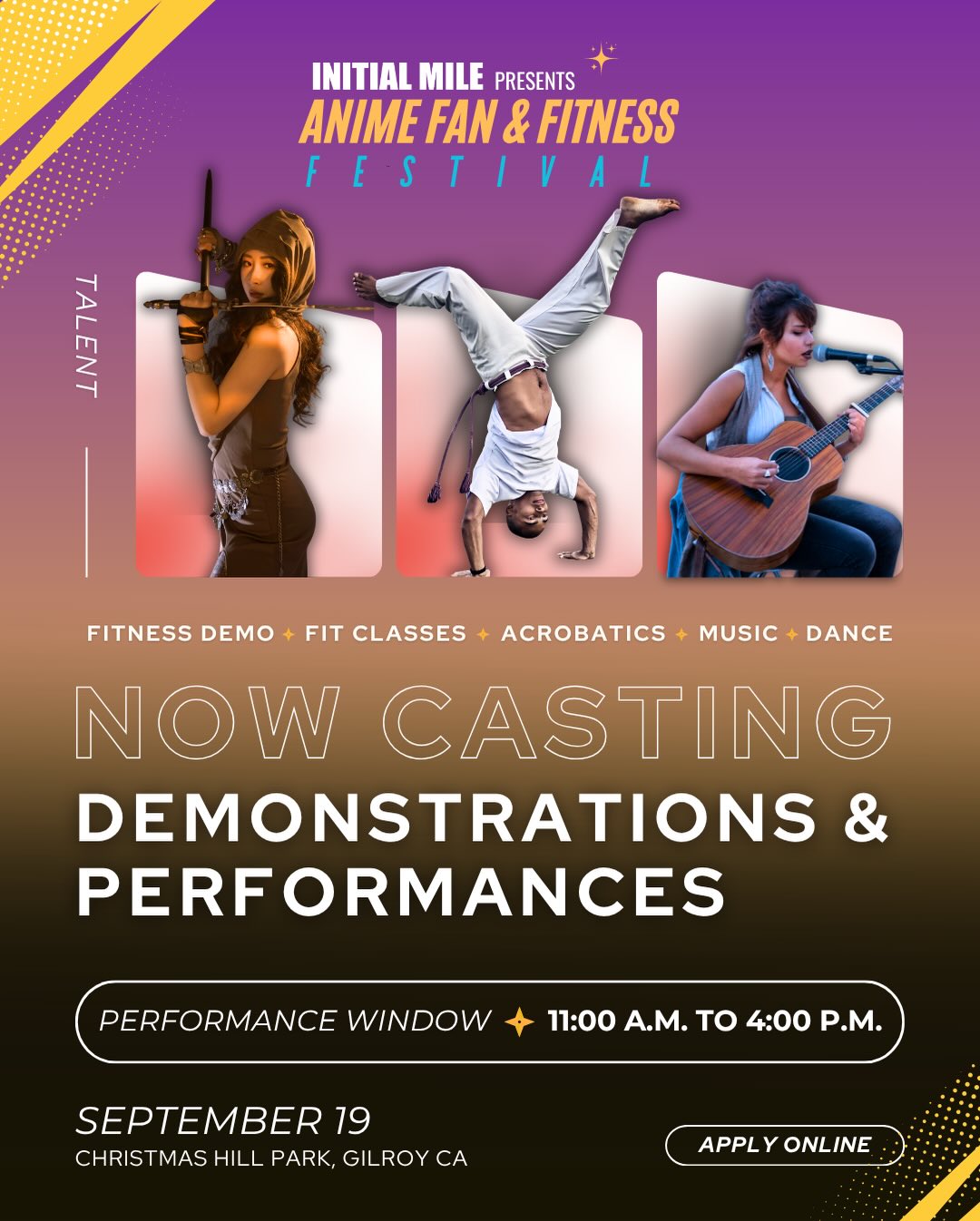 Do you have a talent you want to showcase? We’re officially casting performers and live demonstrations for our 2nd Annual Anime Fan & Fitness Festival!
We’re looking for energetic performances and engaging demos such as:
✨ Fitness Demos & Martial arts
✨ Musicians & Singers
✨ Skits & Comedy
✨ Dance & Choreo
✨ Anime-inspired performances
✨ Unique talents from the community
This is your chance to share your passion, and be part of an unforgettable community event. Whether you represent a club, studio, gym, school, or are a solo performer, we’d love to see your talent.
Interested in performing or hosting a demo?
Send us a message, apply by clicking on the link in bio or email to learn more. #animefanandfitnessfestival #initialmile #animefestival #fitnessfestival #castingcall