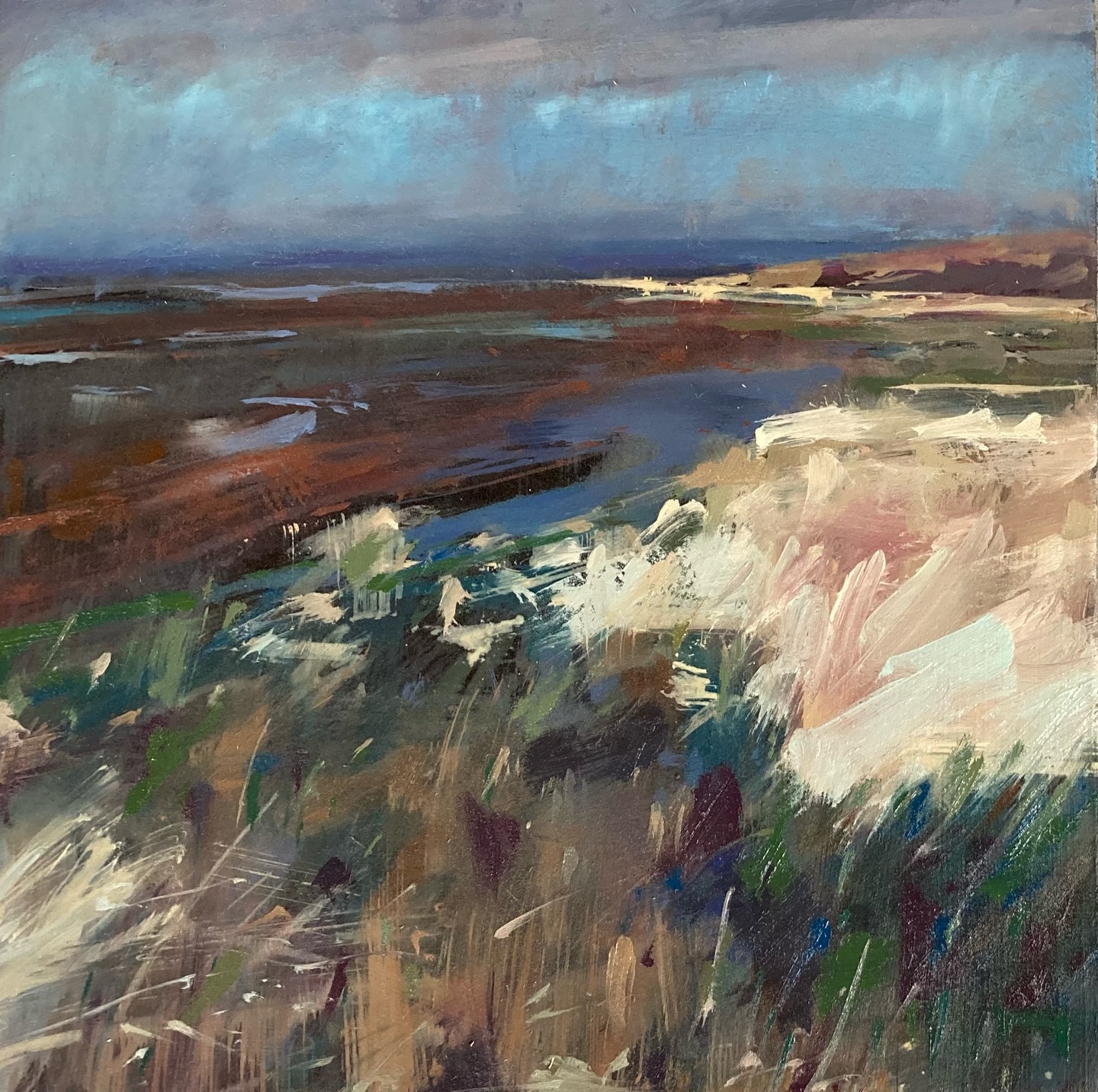 Yesterday at the beach was lovely! Very still with sunshine that gradually disappeared through cirrus clouds. Good to catch up with @lgharrison231 too. I went walking out to the sea, the further I went the cloudier it got. Beautiful tracks from the sea though.
#beachpainting #coastalpainting #solwaycoastaonb #solwaycoastartist #enpleinair