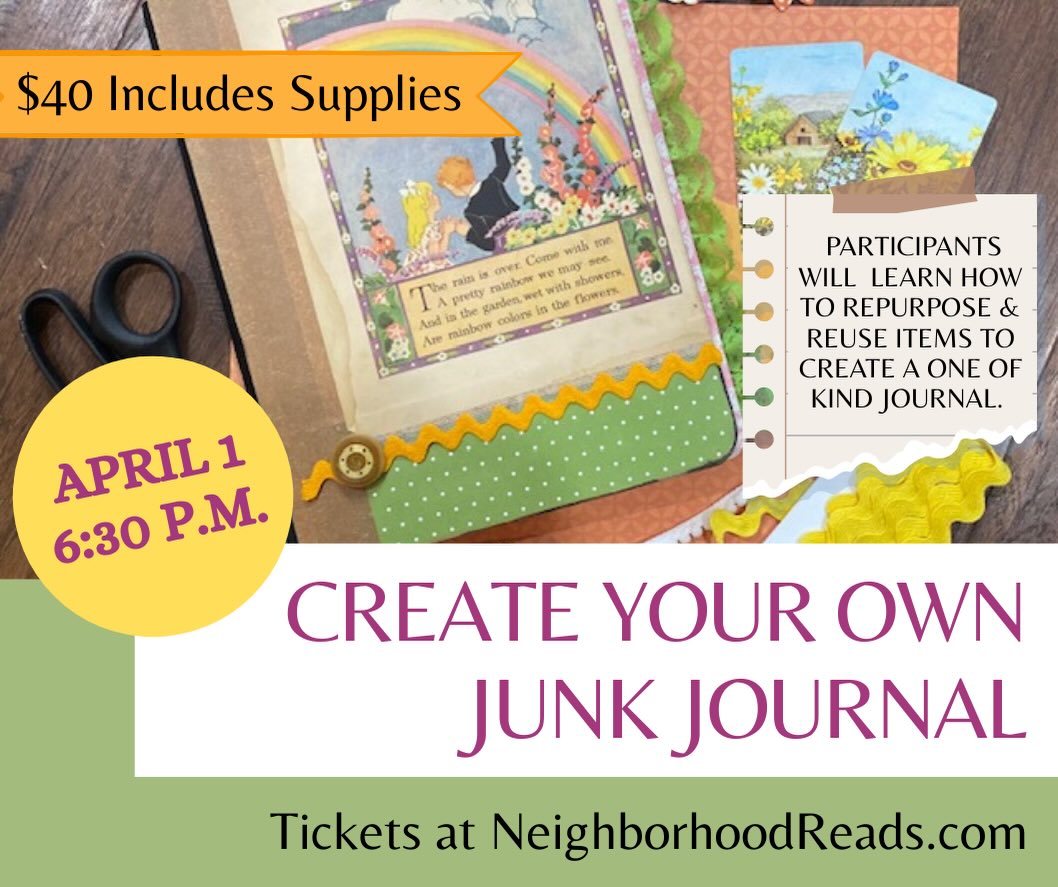 There is still time to register for Dawnette’s Junk Journaling Workshop — it’s tomorrow, Wednesday, it the bookshop! Get tickets at NeighborhoodReads.com! #community #indiebookshop