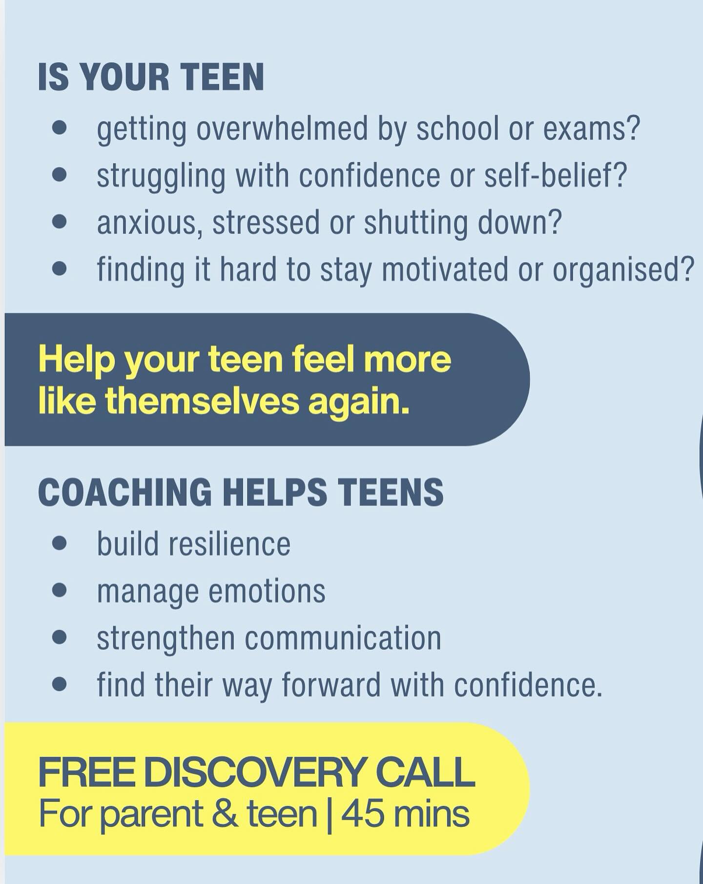 You might not always hear it directly from them but you can usually feel when something’s off.
The overwhelm with school.
The pressure around exams.
The confidence dips.
The stress that shows up as shutdown, frustration or “I’m fine”.
A lot of teens are carrying more than they know how to process yet.
Coaching gives them a space that’s just for them.
To understand what’s going on underneath it all and figure out how they want to respond to it.
Teen coaching isn’t about pushing them harder but about helping them feel more steady, more capable and more themselves.
If you’ve been wondering whether your teen might benefit from some extra support, you’re very welcome to reach out.
Free parent + teen discovery call available
link in bio
#teenconfidence #parentingteens #teenwellbeing #confidencecoaching #examstress #teenanxiety #emotionalresilience #parentingsupport #managingstress #selfbelief #coachingforteens #ukcoach #confidenceforlife