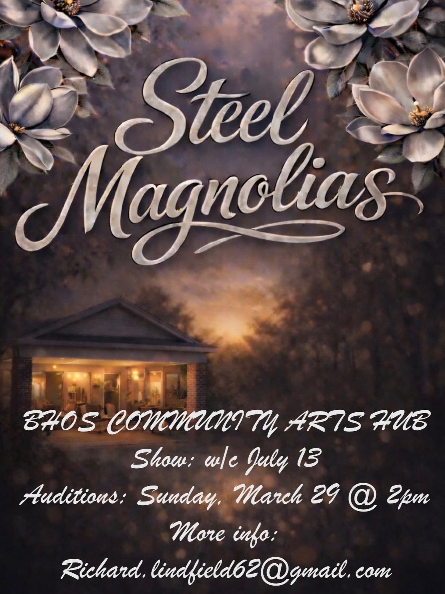 We’re always looking ahead! ⭐️ AUDITIONS FOR THE BHOS PRODUCTION OF STEEL MAGNOLIAS ⭐️
This coming Sunday 2pm at the BHOS Community Arts Hub, Hollingbury, Brighton. If you’re interested, email the director, richard.lindfield62@gmail.com
#steelmagnolias #bhoscommunityartshub #campbellstudiotheatre