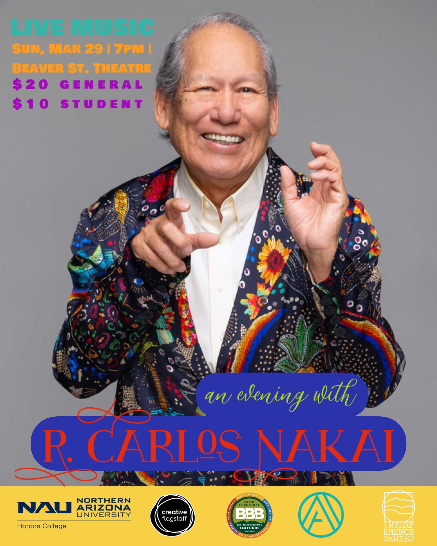 🔥 SOLD OUT! 🔥
Our Sunday presentation of R.C. Nakai is officially sold out. We are so excited to share this powerful artist and storyteller with our community.
Join the Interference Series for a special concert featuring legendary native flute player and improvisor, R. Carlos Nakai. In a career spanning half a century, Nakai has collaborated with a host of innovative musicians from around the world, including Philip Glass, Keola Beamer, and Paul Horn, recorded over 50 albums (several of which achieved gold and platinum status), and innovated on the indigenous instrument commonly known as the Native American flute or cedar flute. Nakai also has roots in various jazz and improvised music traditions, starting as a trumpet player in Northern Arizona. We are honored and excited to welcome back local hero, R.C. Nakai! Nakai will be joined by percussionist and co-curator of the Interference Series, Rob Wallace, and violinist Dr. Lillie Gordon (director of the NAU Middle East Ensemble). This concert is generously sponsored by the NAU Foundation and the NAU Honors College.
Note: tune in to KSZN-LP, 101.5 FM, Radio Sunnyside (www.radiosunnyside.org) for Jazz Inside Out, 9-11 AM Saturday, March 28. Co-hosted by Rob Campbell & Rob Wallace, Saturday’s program will feature Nakai’s music and an interview with Nakai at 10 am!