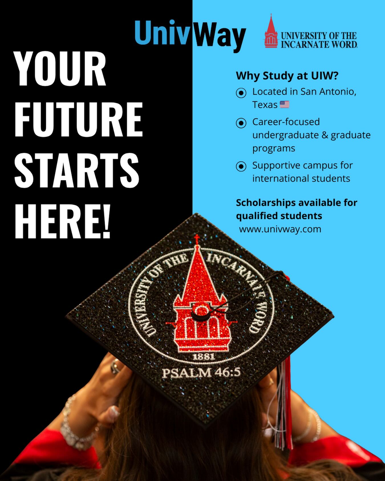 Ready to study in the United States?
At University of the Incarnate Word (UIW), students can access career-focused programs in a supportive and diverse campus environment in Texas.
-Scholarship opportunities available for qualified students
-San Antonio, Texas
-International student-friendly campus
At UnivWay, we guide you every step of the process:
✔ University selection
✔ Application process
✔ Visa preparation
Your journey to studying in the U.S. starts here.
📩 Send us a DM to learn how to apply
🌐 www.univway.com
#StudyInUSA #StudyAbroad #UIW #UnivWay #InternationalStudents Scholarships StudyInTexas EducationAbroad