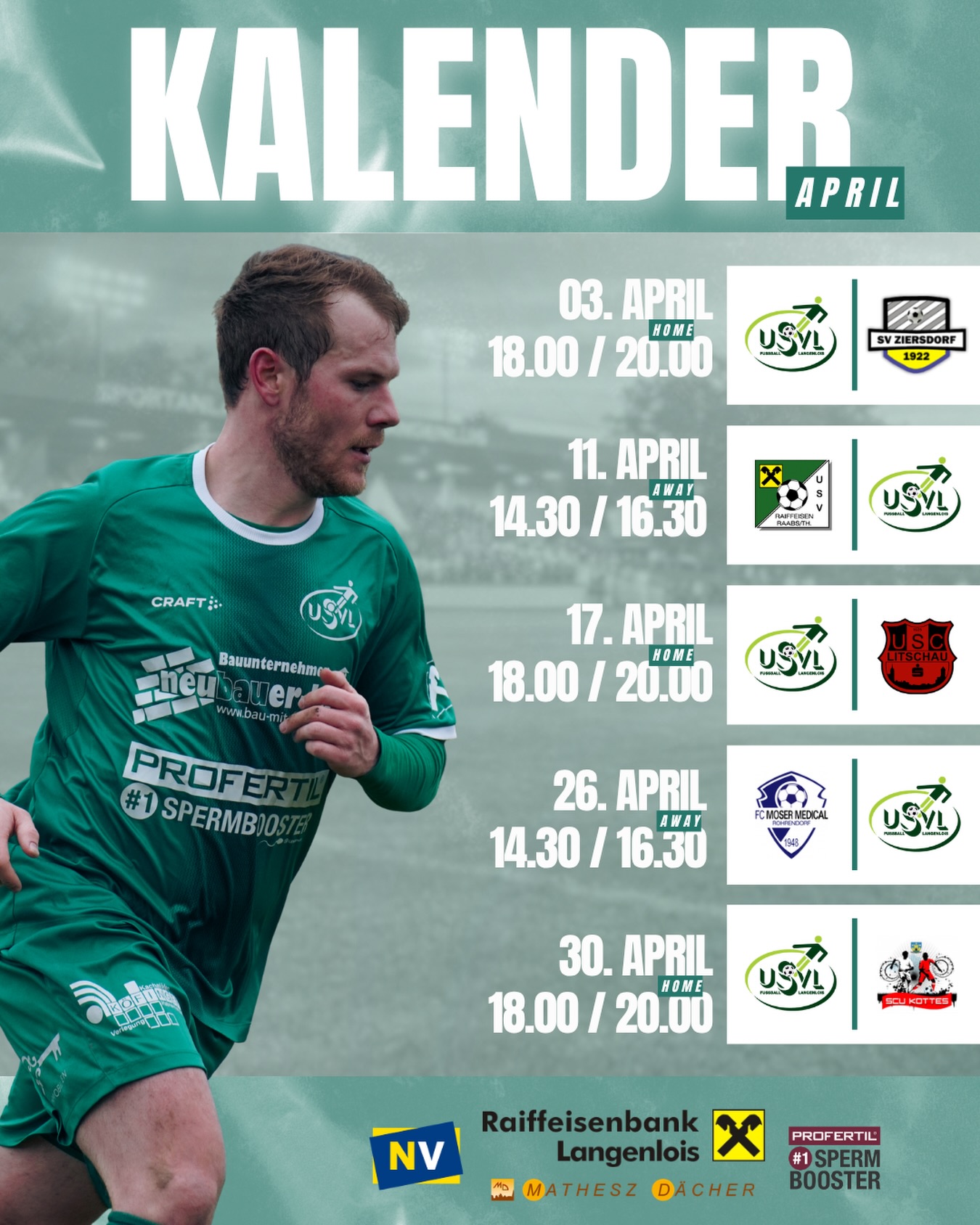 📅 APRIL – es wird intensiv!
Fünf Spiele warten auf unsere Jungs – drei Heimspiele, zwei Auswärtspartien. Ein Monat, der alles abverlangt 🔥
🆚 SV Ziersdorf
🗓️ 03.04.2026
⏰ 18.00 / 20.00
📍 Sportplatz Langenlois
🆚 USV Raabs
🗓️ 11.04.2026
⏰ 14.30 / 16.30
📍 Sportplatz Raabs
🆚 USC Litschau
🗓️ 17.04.2026
⏰ 18.00 / 20.00
📍 Sportplatz Langenlois
🆚 FC Rohrendorf
🗓️ 26.04.2026
⏰ 14.30 / 16.30
📍 Sportplatz Rohrendorf
🆚 SCU Kottes
🗓️ 30.04.2026
⏰ 18.00 / 20.00
📍 Sportplatz Langenlois
Jeder Punkt zählt – wir brauchen euren Support, zuhause und auswärts! 🙏🏻🔥
#forzausvl #teamspirit #langenlois #loiserjungs #spielplan
