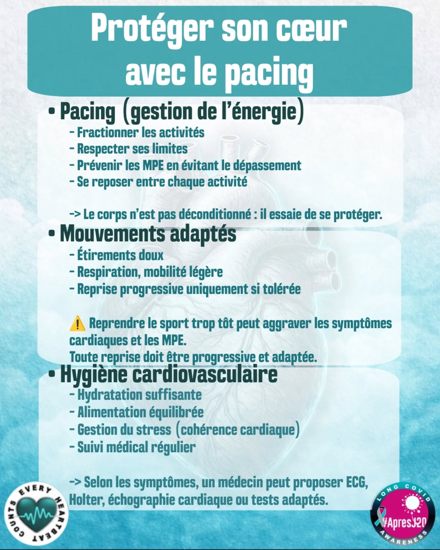 🧵🩶Protéger son cœur avec le pacing dans le #CovidLong
Après avoir appris à observer son cœur (fiche précédente) ,
👉l’étape suivante est de le protéger au quotidien
Objectif : éviter les aggravations et stabiliser les symptômes ⬇️
🫀Le pacing (gestion de l’énergie)
Le pacing est une approche utilisée dans plusieurs maladies chroniques.
👉 Il ne consiste pas à “moins faire”
👉 Il consiste à adapter l’effort à ce que le corps peut tolérer
⚖️Pourquoi le pacing protège le cœur ?
Dans le #CovidLong :
• Le système cardiovasculaire et autonome peut être perturbé
• L’effort peut entraîner une aggravation des symptômes (#MPE)
👉 Ces réactions sont physiologiques, pas liées à un manque d’entraînement
🧠Un point essentiel
➡️ Le corps n’est pas déconditionné
➡️ Il présente une intolérance à l’effort
👉 Forcer peut aggraver :
• les symptômes cardiaques
• les malaises
• la récupération globale
📉Concrètement, le pacing consiste à :
• Fractionner les activités
• Se reposer entre chaque effort
• Respecter ses limites
👉 Objectif : rester sous le seuil qui déclenche les symptômes
🌿Mouvements adaptés
Le mouvement reste possible, de manière adaptée :
• Étirements doux
• Respiration
• Mobilité légère
👉 Reprise progressive uniquement si elle est bien tolérée
⚠️ Une reprise trop rapide ou intense peut aggraver les symptômes cardiaques et les #MPE
🩺Hygiène cardiovasculaire
• Hydratation suffisante
• Alimentation équilibrée
• Gestion du stress
• Suivi médical régulier
👉 Des examens peuvent être proposés selon les symptômes (ECG, Holter, échographie…)
🚨Quand consulter rapidement ?
• Douleur thoracique brutale ou intense
• Sensation d’oppression
• Malaise avec perte de connaissance
• Essoufflement au repos
• Fréquence cardiaque très élevée au repos
• Palpitations avec malaise
👉 En cas de doute, mieux vaut consulter.
🤝Vous n’êtes pas seul
L'association #ApresJ20 et la communautés de patients sont là pour vous écouter.
👉 S’informer et échanger peut aider à mieux comprendre la maladie
⏬ Suite en commentaire ⏬