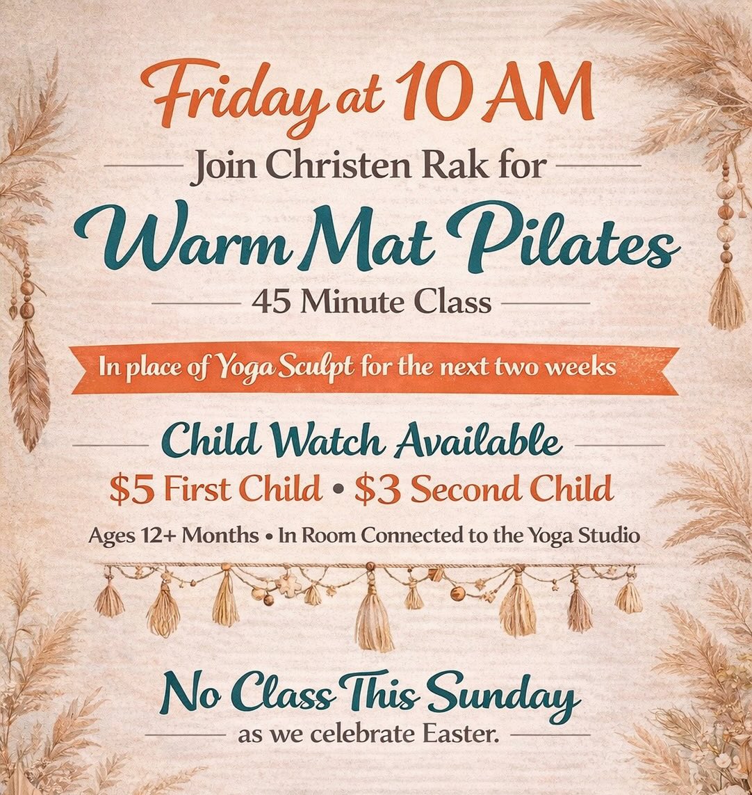 Who is ready to sweat with us? Friday at 10 AM - Join Christen Rak for Warm Mat Pilates (45 minutes)
Sign up at ifeelgoodmt.com
This class will be offered in place of Yoga Sculpt for the next two weeks. Come turn up the heat with us and gain strength on the mat.
Child watch available for ages 12+ months
$5 for the first child
$3 for the second child
Located in the room connected to the yoga studio
No class this Sunday as we celebrate Easter. First class at the studio is $5.