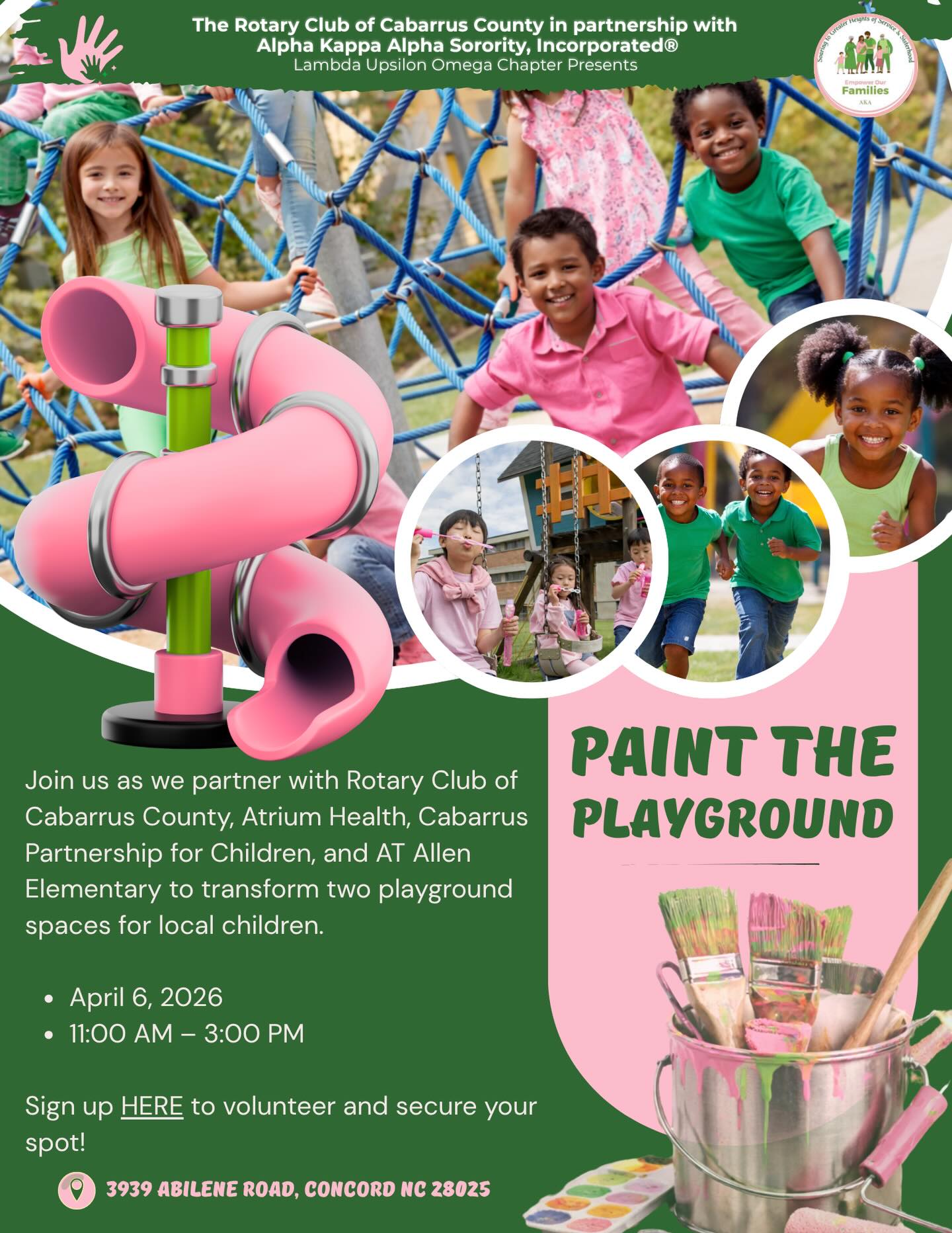 Bringing color, joy, and safe spaces to our community 💕💚
Join us as we come together to Paint the Playground and create brighter spaces for our children to play, grow, and thrive. #AlphaKappaAlpha
#AKA1908
#AKASorority
#AKALegacy
#ServiceAndSisterhood
🗓 April 6, 2026
⏰ 11 AM – 3 PM
📍 Concord, NC
Let’s make an impact—one brushstroke at a time 🎨
Link - https://www.signupgenius.com/go/10C0F44AAAE2AA1F9C25-63188500-paint