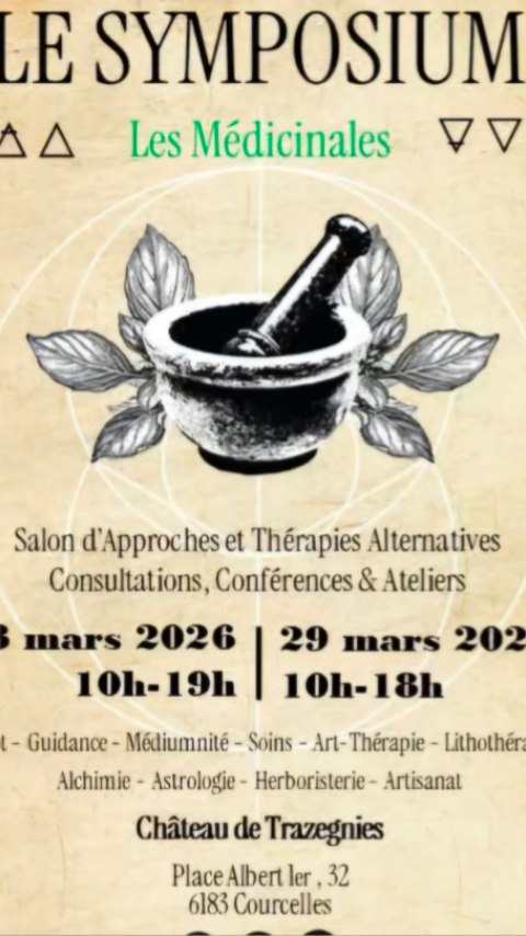 Et si on pensait enfin un peu à soi...
Le Symposium : le salon des approches et thérapies alternatives, se tient ces 28 & 29 mars au Château de Trazegnies !
Viens découvrir des pratiques que tu connais peut-être déjà... Et d'autres dont tu ignores l'existence !
Alors... qu'est ce que tu attends pour faire passer ton bien-être en priorité ?
28 & 29 mars 2026
Château de Trazegnies
32 Place Albert 1er 6183 Courcelles
Entrée : 5 €
Gratuit jusqu'à 12 ans