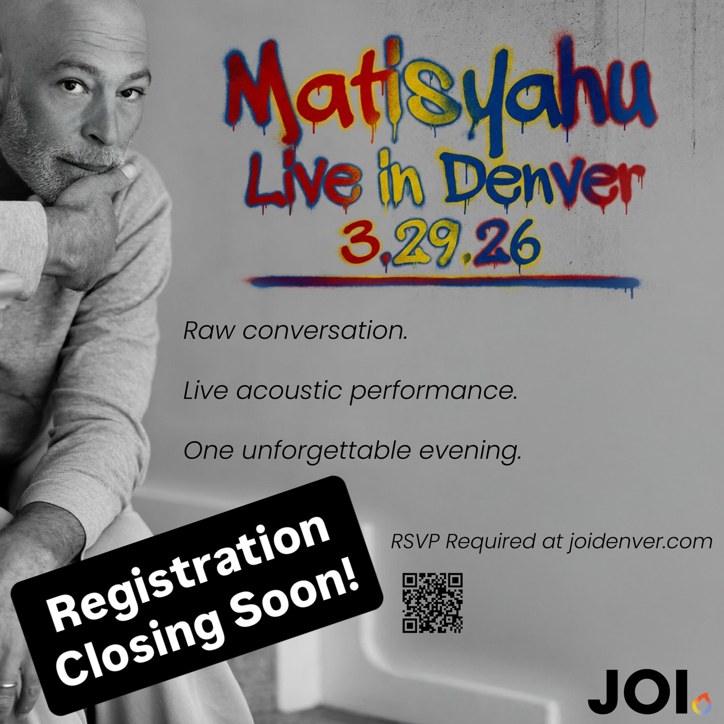 Attention Denver: Matisyahu is coming next week for a special presentation. This yearâs Spring Symposium brings Matisyahu to our community for an evening unlike anything weâve done before. Matis will discuss his journey through identity, spirituality, and what itâs meant to stand proudly as a Jewish voice in challenging times. Following the conversation, heâll close the night with a special acoustic performance. Itâs personal, itâs powerful, and itâs an evening you donât want to miss. RSVP required at joidenver.com/ss (link in bio) closing soon!