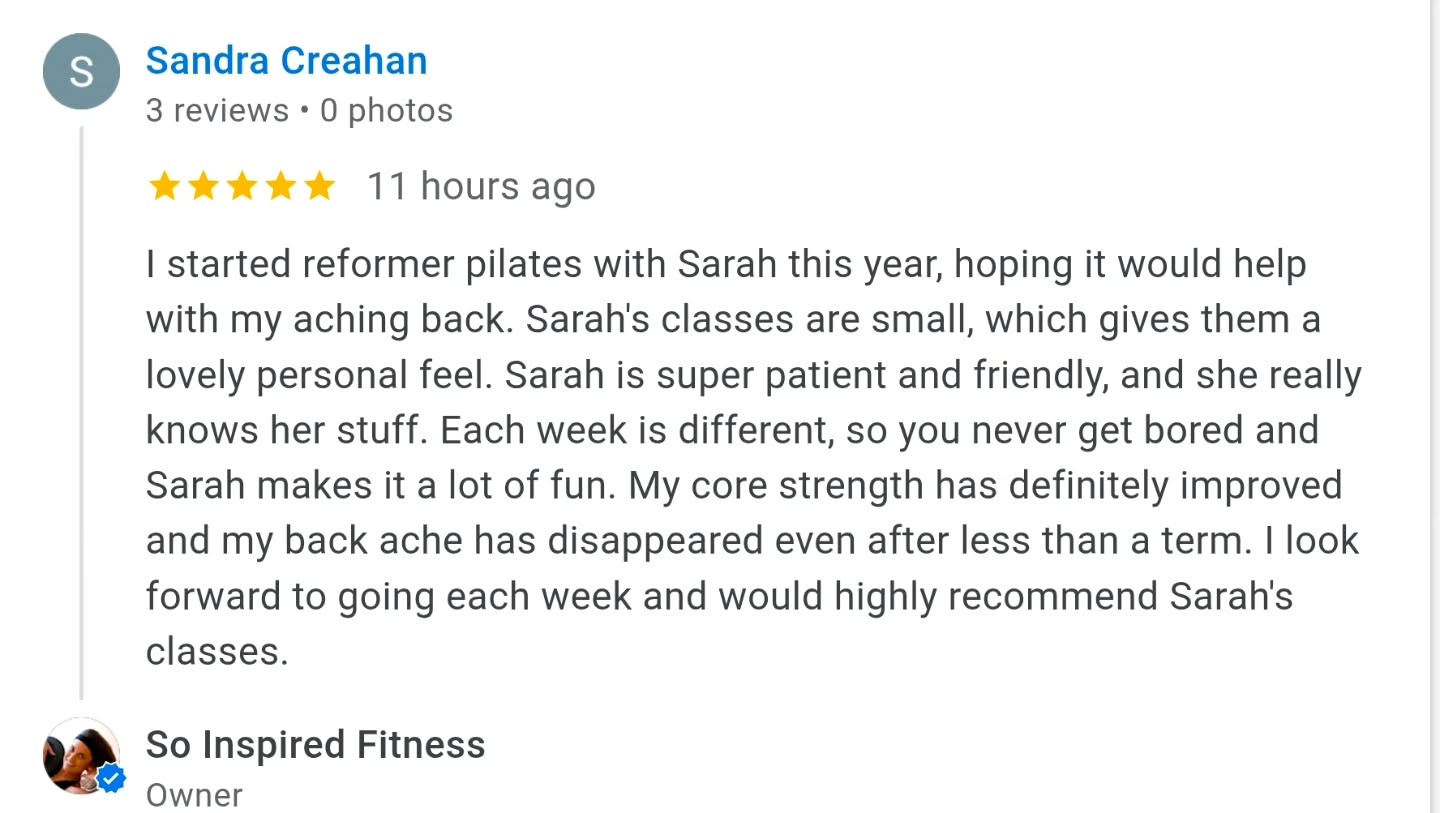 Aw just go this lovely feedback from one of our newest Reformer Pilates ladies. I am thrilled our supportive and attentive small group sessions are working and healing her body π