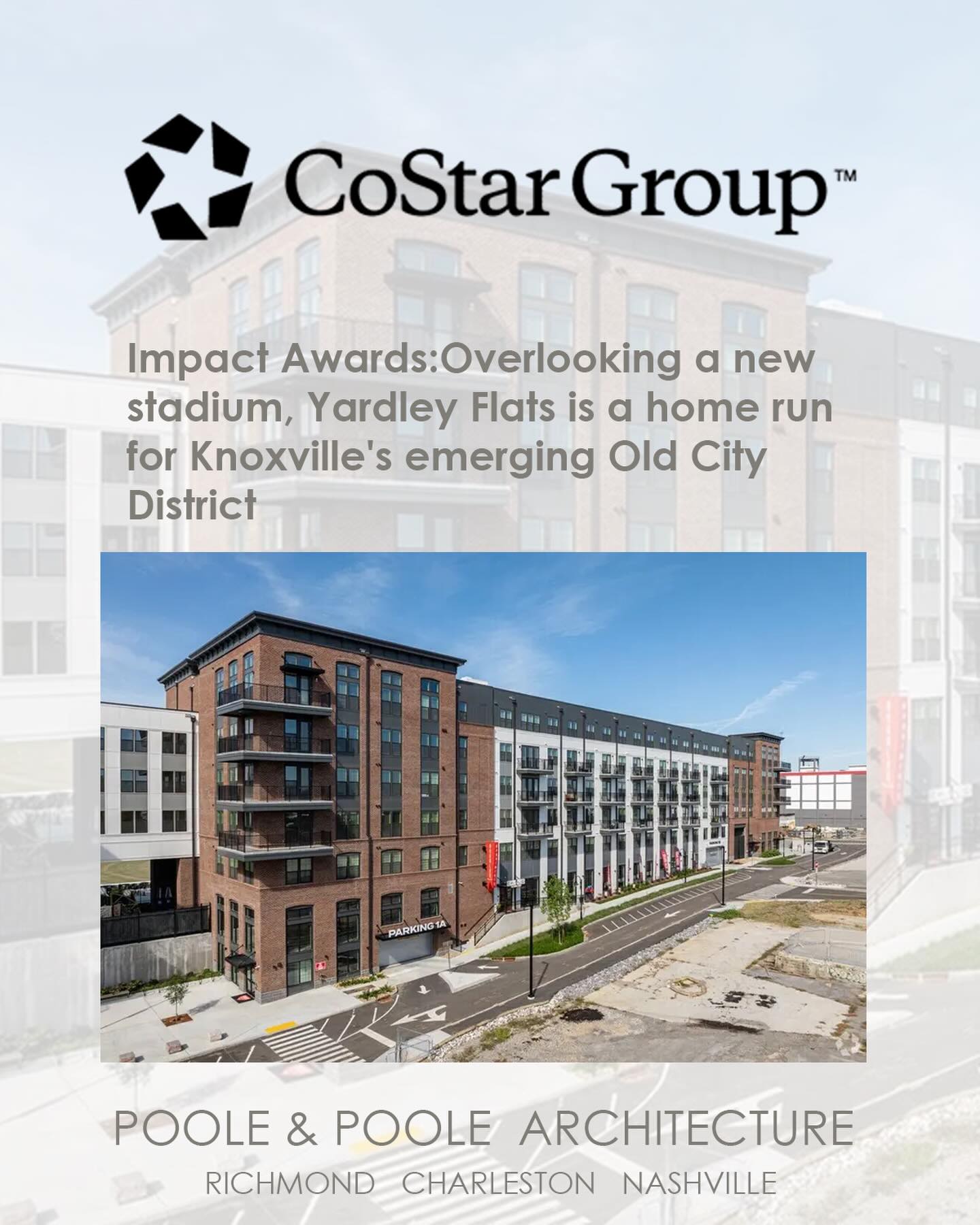 Excited to see Yardley Flats recognized with this award! Our vision was to design not just a building, but a true extension of Knoxville’s Old City. Overlooking the new stadium, every detail was shaped to connect residents to the energy, character, and momentum of this evolving district. Grateful to our team and partners who helped bring it to life. Read all about it at the link below!
https://www.costar.com/article/495649004/overlooking-a-new-stadium-yardley-flats-is-a-home-run-for-knoxvilles-emerging-old-city-district