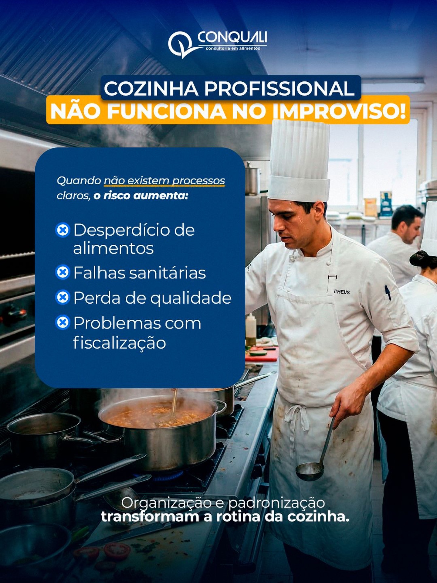 Cozinha profissional precisa de processo, não de improviso. ✅
Quando a operação não tem rotinas bem definidas, os riscos aumentam e os impactos aparecem no dia a dia: mais desperdício, falhas sanitárias, perda de qualidade e problemas em fiscalizações. ⚠️
Organização e padronização não são excesso de cuidado, são parte da segurança da operação e da consistência do serviço. É isso que ajuda a equipe a trabalhar melhor e o negócio a crescer com mais controle e confiança. 🍽️
#Conquali #ConsultoriaEmAlimentos #SegurançaDosAlimentos #BoasPráticas #Padronização CozinhaProfissional Qualidade SegurançaAlimentar
