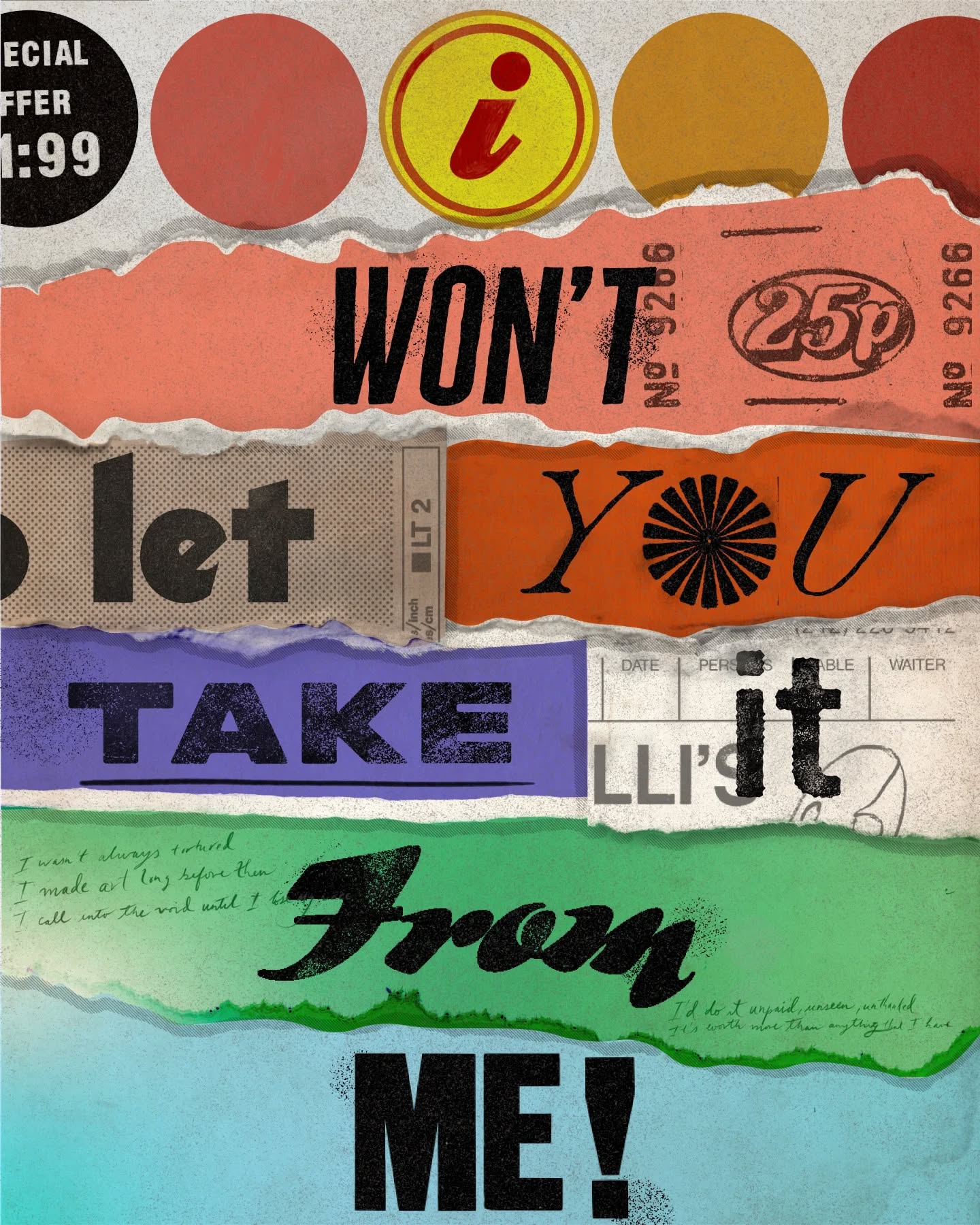 Lyrics from 'Miyazaki' by Paris Paloma @parispaloma , archive print files found rummaging around Anthony Burril's amazing online archive @anthonyburrill.archive , designed by a human!
I first heard this song while Paris was supporting Florence + the Machine back in February (a truly religious experience I'd recommend) - but this particular song about the healing that comes through making art, and the anger that comes from AI taking over is my anthem for the year.
Paris Paloma is an artist who always sticks to her values, singing about issues like toxic masculinity, difficulties around trying to love yourself and the additional mental load that comes from being a woman, all sung with the voice of an angel.
This design is inspired by the DIY art style behind a lot of protest movements. Because I believe that creativity will thrive and prevail, even in the darkest of times.
#graphicdesign #procreate #creativity #thegraveyardproject #noai