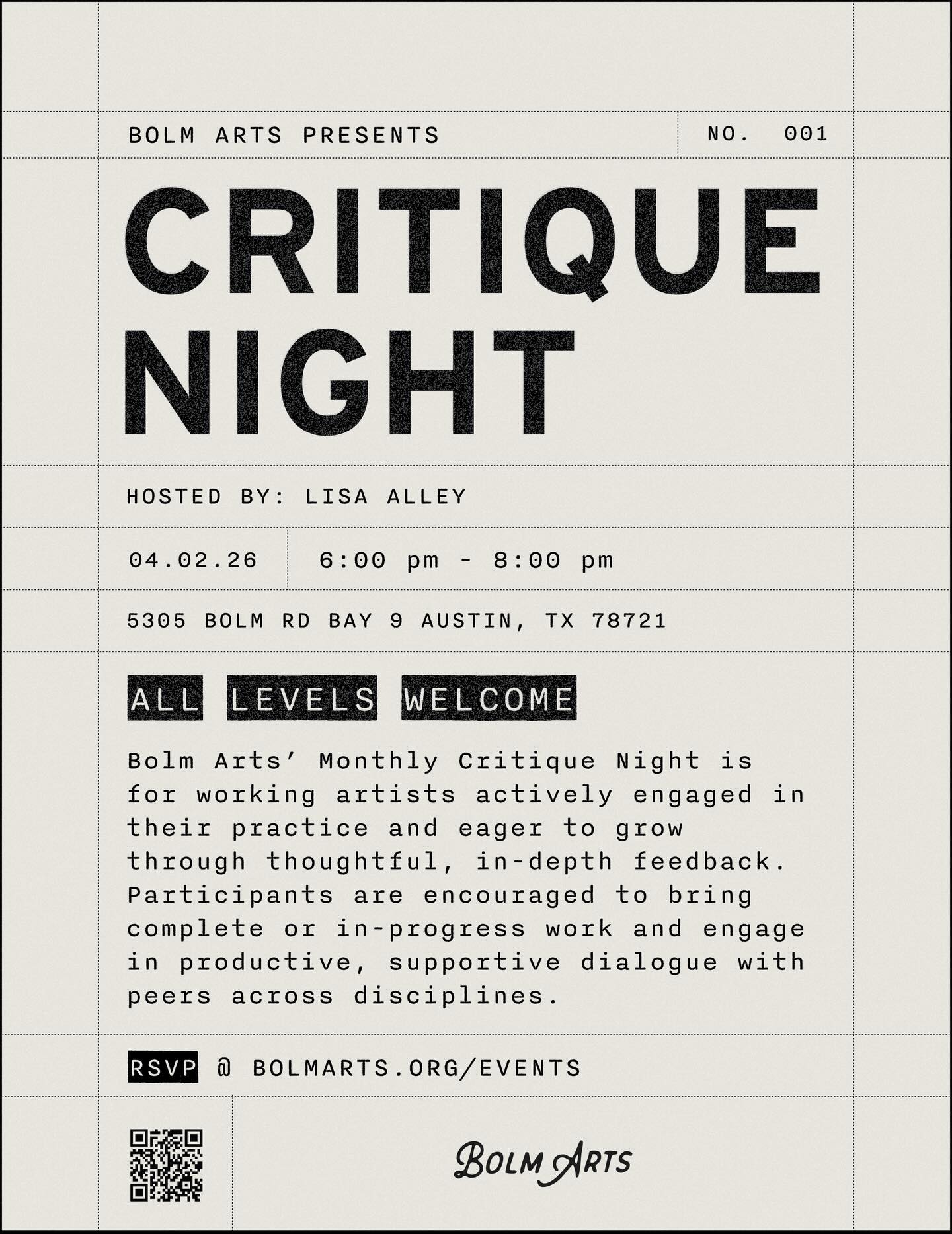 New Programming Alert! 🎉
Join us April 2nd for our first installment of Crit Night!
Whether you’re new to the critique process or returning to it, this a space to share work, ask questions, and gain perspective through community.
Designated time slots are first-come, first-served. Additional signups & walk-ins will be accommodated as time permits.