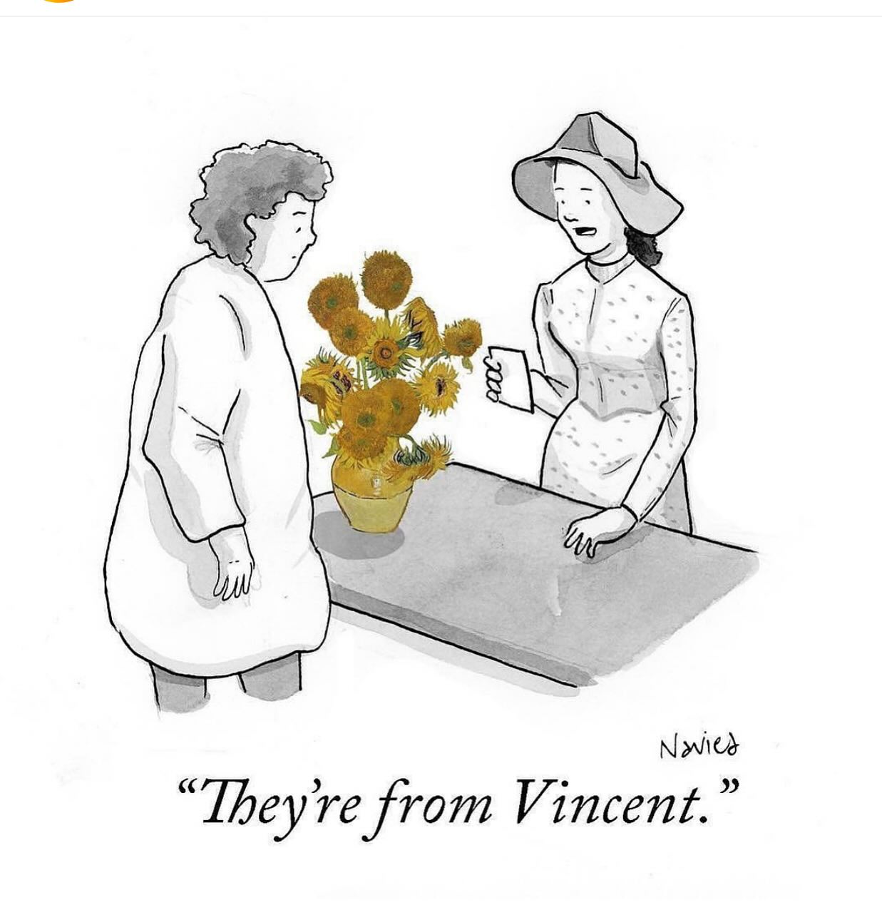 In honor of Van Gogh’s March 30 birthday, sharing “Classic Vincent” by @naviedm 🌻
Emile Bernard wrote of Van Gogh’s funeral, “On the walls of the room where his body was laid out all his last canvases were hung making a sort of halo for him and the brilliance of the genius that radiated from them made this death even more painful for us artists who were there. The coffin was covered with a simple white cloth and surrounded with masses of flowers, the sunflowers that he loved so much, yellow dahlias, yellow flowers everywhere. It was, you will remember, his favorite color, the symbol of the light that he dreamed of as being in people’s hearts as well as in works of art. Near him also on the floor in front of his coffin were his easel, his folding stool and his brushes. Many people arrived, mainly artists, among whom I recognized Lucien Pissarro and Lauzet, the others I did not know, also some local people who had known him a little, seen him once or twice and who liked him because he was so good-hearted, so human…”💛
The museum in Amsterdam @vangoghmuseum is life changing. If you have the chance to go, plan for several hours and immerse yourself in all of it. You will gain a deeply intimate sense of him as a human, beyond his brilliant artistry.
Van Gogh struggled with mental health and other medical issues, and it is heartbreaking to think of what could have been had he received proper treatment.
His art seemed most healing for his health, but it sadly wasn’t enough to save him. In one of his most prolific periods, during the two months leading up to his death, he created one painting a day. In only one decade, he created 2000+ pieces.
Also heartbreaking, Van Gogh’s younger brother, with whom he was very close, died at the age of 33—some think of heartbreak—just six months after Van Gogh died by suicide at age 37.
It is tragic to think of how Van Gogh struggled financially (he sold one painting in his lifetime!) and that he lived in obscurity, only securing fame in death.
Imagine if someone told him then that his paintings would sell for millions of dollars today. That millions of people would make pilgrimages to view his art over their lifetimes.