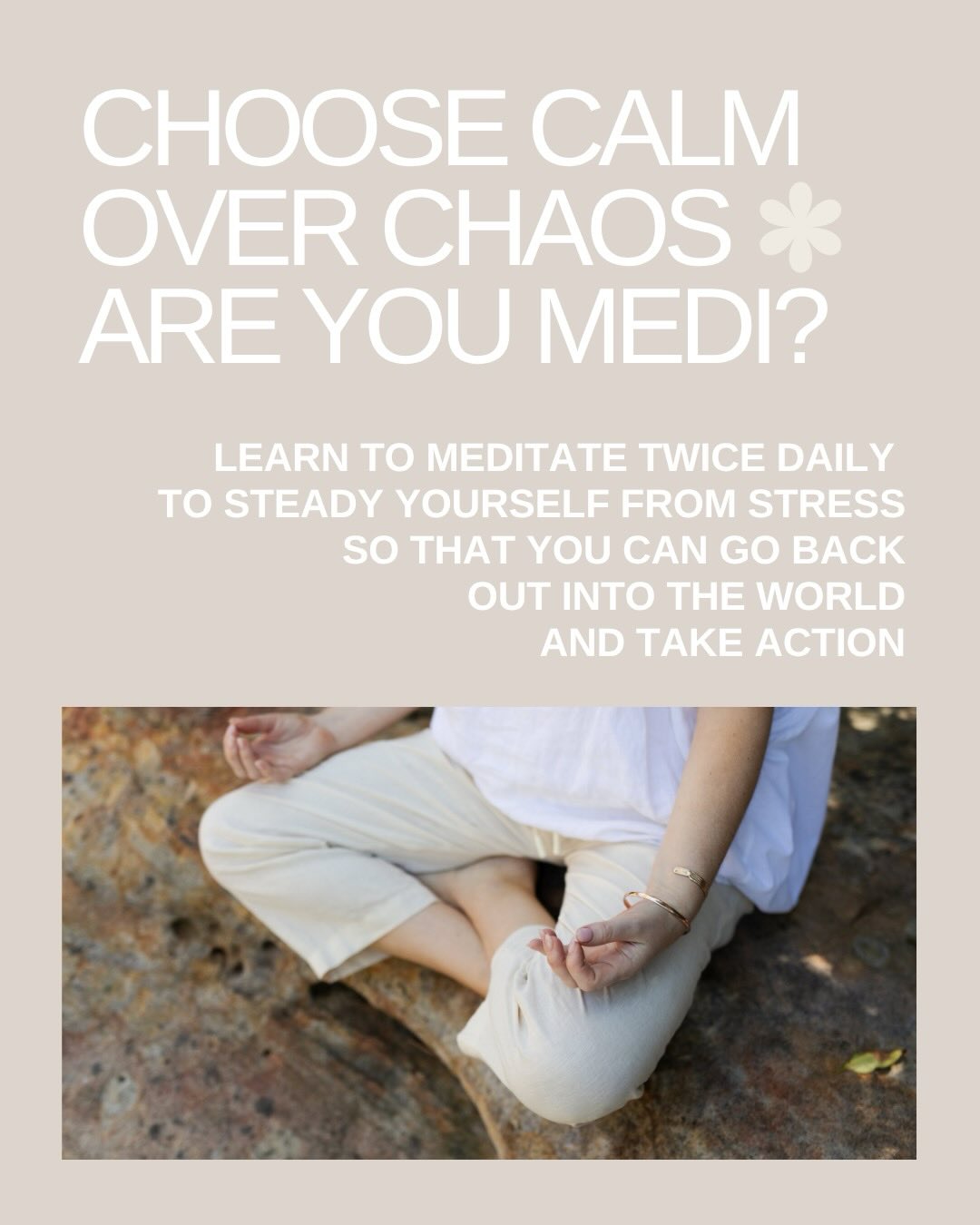 New dates!
Come and learn an ancient practice called Vedic meditation with me on Saturday and Sunday the 13th and 14th of June.
My Medi Steady Go course will empower you with a daily practice and body of wisdom to keep you steady even when the world around you is changing or unstable.
DM me to learn more or to learn how to register
ARE YOU MEDI?
#medisteadygo #meditate #vedicmeditation #areyoumedi #calm