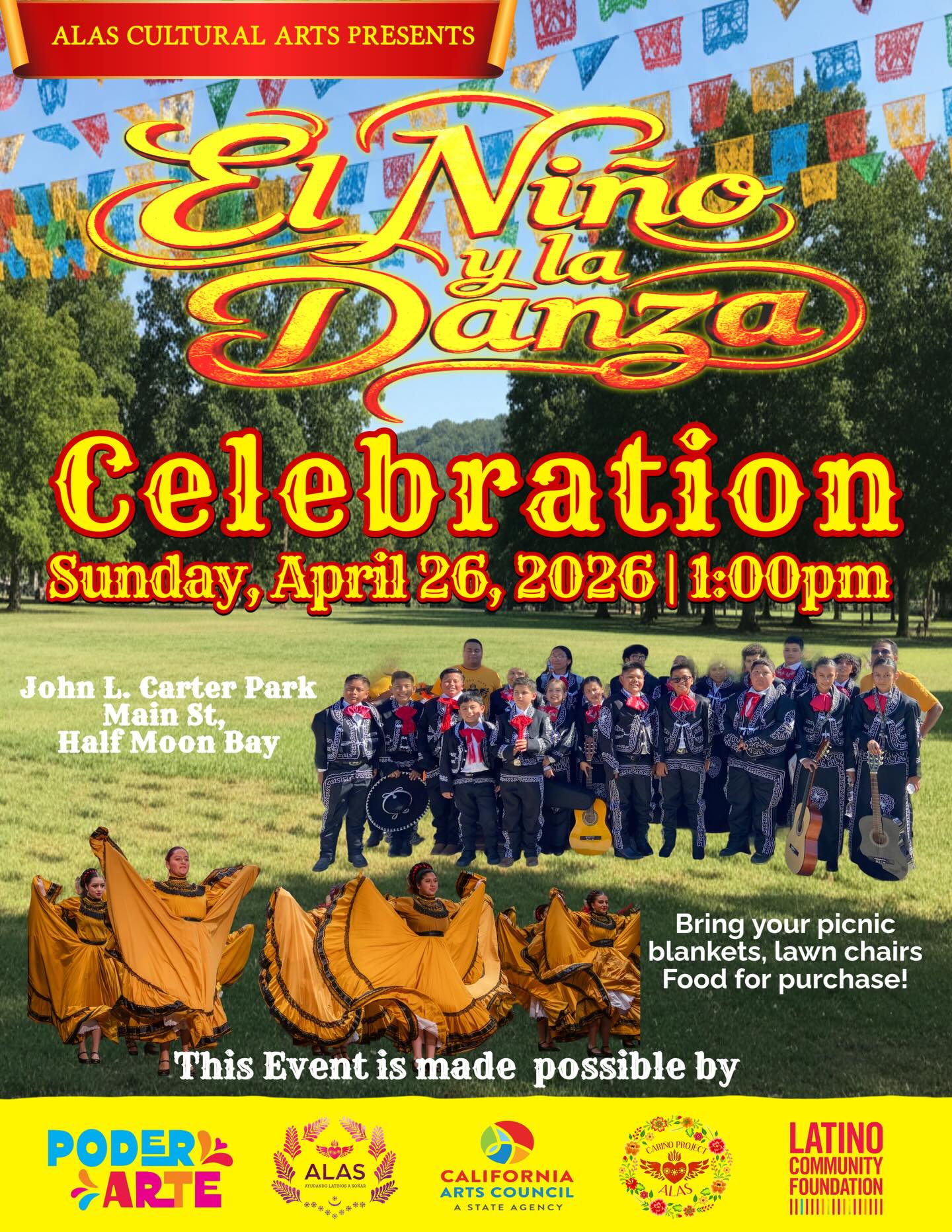 ¡🎉 Join us for “El Niño y la Danza Celebration”! 🎉
👟 Come celebrate culture with ALAS Cultural Arts on Sunday, April 26, 2026,at 1:00 PM, at John L. Carter Park, Main St, Half Moon Bay
🎭 Enjoy music, dance, and tradition with “El Niño y la Danza”. Bring your picnic blankets, garden chairs, and get ready for a day full of art and culture!
📸 Don’t miss performances by our talented artists!
#ElNiñoYLaDanza #CulturalCelebration #ALASCulturalArts #art #poderyarte