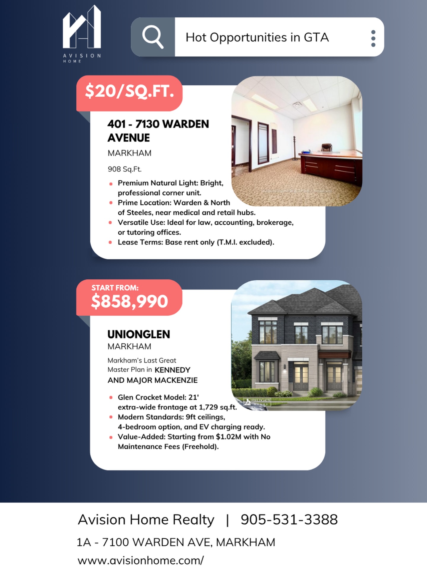 This Week’s Hot Opportunities 🔥 | Premium Living in Vaughan & Prime Office in Markham
💎 At Avision Home, we filter the noise to bring you the real deals. From a versatile family home with rental potential to a high-exposure business hub, here are this week’s top picks. Which one fits your 2026 goals? 👀
🔹 Top 2 Picks This Week:
1️⃣ 【Residential Gem】Vaughan 4+1 Bed Detached Home 🏠 📍 Vellore Village (Hwy 400 & Weston Rd)
* Highlights: 3,400+ sq.ft. total living space, no sidewalk, double garage.
* The X-Factor: Features a professionally finished walk-out basement apartment with a separate entrance—perfect for generating rental income or multi-generational living!
2️⃣ 【Commercial Prime】Corner Office Unit in Markham 💼 📍 7130 Warden Ave (Warden & North of Steeles)
* Highlights: 908 sq.ft. super bright corner unit with professional layout.
* The X-Factor: Located in a high-traffic hub surrounded by medical, retail, and professional services. Ideal for law firms, accounting, or dental clinics looking for maximum exposure.
Swipe left for more details. In this market, having the right data and moving fast is the key to winning. 📈🤝
Contact us for floor plans or a private tour:
☎️ 905-531-3388
🔗 www.avisionhome.com
#AvisionHome #GTARealEstate #HotOpportunities #VaughanHomes #MarkhamOffice