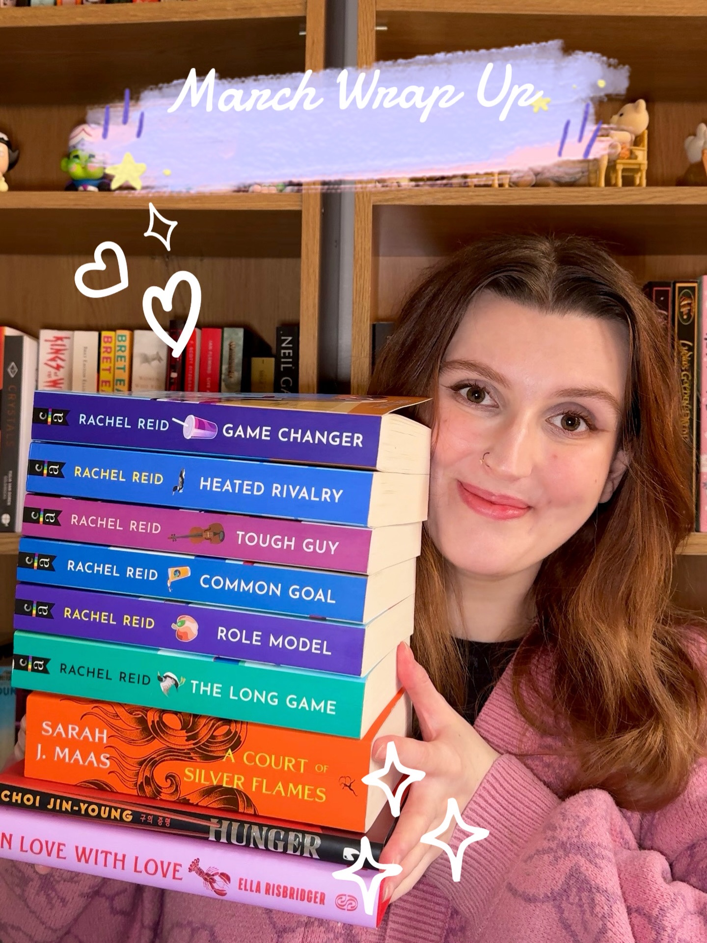 A couple of days late to the party, but here’s all the books I finished in March! 🌺 📚
List of all books from top of stack to bottom:
• Game Changer by Rachel Reid
• Heated Rivalry by Rachel Reid
• Tough Guy by Rachel Reid
• Common Goal by Rachel Reid
• Role Model by Rachel Reid
• The Long Game by Rachel Reid
• A Court of Silver Flames by Sarah J Maas
• Hunger by Choi Jin-Young (Translated by Soje)
• In Love With Love: The Persistance and Joy of Romantic Fiction
•••
#heatedrivarly #acotar #books #reader #readingwrapup