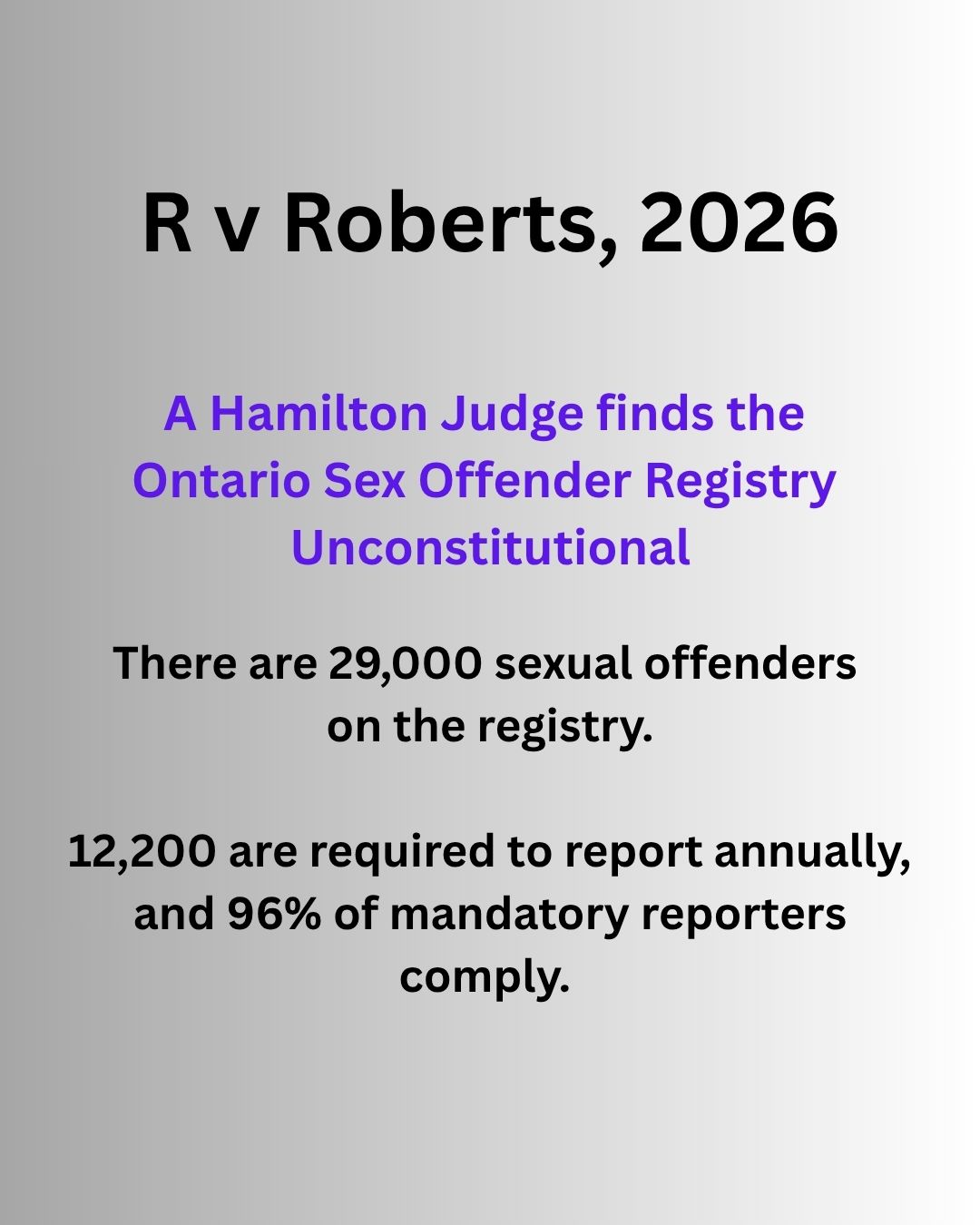 In 2022, the Supreme Court of Canada (SCC) looked at the National Sex Offender registry and, in a 5 – 4 decision, found its requirements unfairly and unnecessarily too broad as it included individuals at low risk for reoffending.
After this 2022 decision, Canada made changes to the National registry.
Ontario did not make changes to its registry. Therefore, the law remained with the same flaws as the National Registry had until Michael Roberts filed a constitutional challenge and won.
But this decision only applies to Mr. Roberts' case.
Decisions like this highlight why transparency in the justice system matters. When laws are challenged in open court, it allows the public to see not only how they are applied, but also whether they align with constitutional rights.
This ruling brings needed attention to how Ontario’s sex offender registry operates behind the scenes. It exposes gaps between public safety goals and legal fairness. Transparency ensures these systems are not beyond scrutiny, and that even long-standing laws can be questioned, tested, and improved.