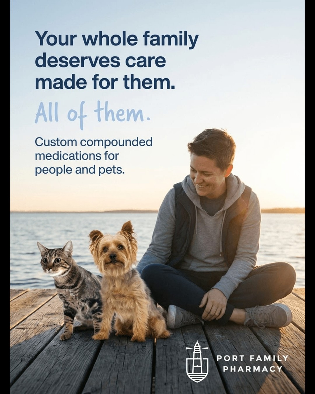Care that's truly for the whole family—people and pets alike. At Port Family Pharmacy, we craft custom medications designed just for you and your furry friends. Because your loved ones deserve personalized care, every step of the way.