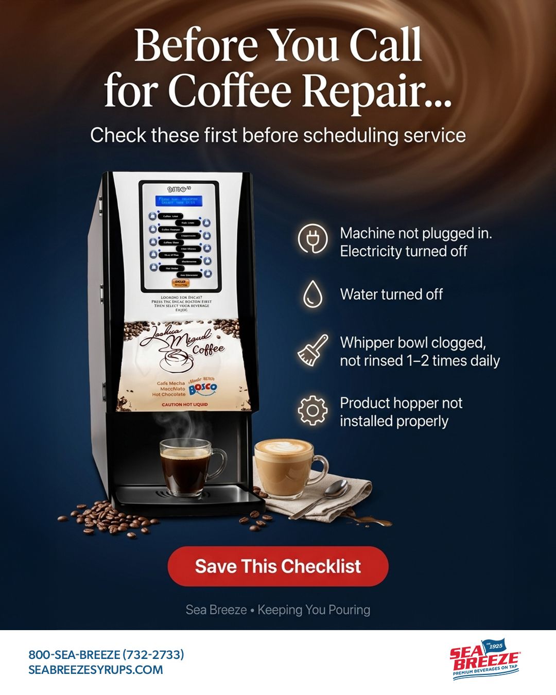 Before you call for a repair⦠check this first š
Most coffee machine āproblemsā arenāt actually problems, just quick fixes.
ā Save time
šø Save money
š§ Avoid downtime
Run through this checklist and keep your machine pouring.
š Save this for later
youāll thank yourself.
#SeaBreeze #CoffeeService #RestaurantTips #FoodServiceLife #BarEquipment