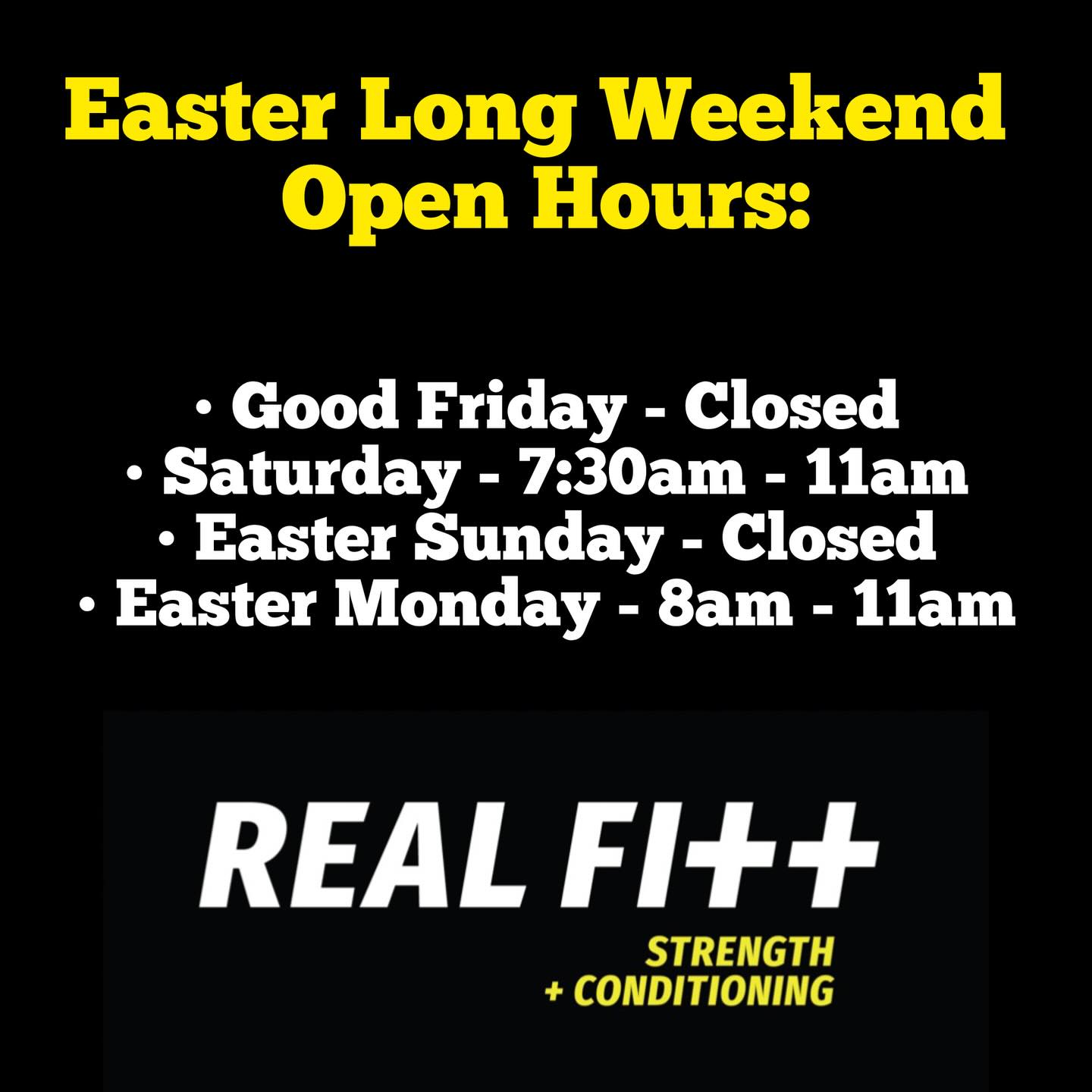 Above will be our open hours for the Easter long weekend. The class and weightlifting will run as per normal on Saturday. No groups or classes on Monday.