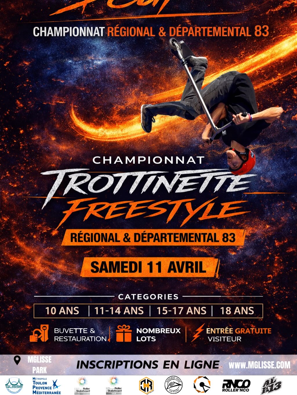 🔥 M GLISSE CUP – DERNIER RAPPEL AVANT LE WEEK-END ! 🛴🛞🔥
Ce week-end, le M Glisse Park accueille la M Glisse Cup Trottinette & Roller Freestyle 🤘
👉 Étapes du Championnat de la Ligue Sud + Championnat du Var
💥 Dernière ligne droite pour t’inscrire !
⏰ Clôture des inscriptions : vendredi à 22h
❌ Aucune inscription sur place ne sera acceptée
⸻
🛴 SAMEDI 11 AVRIL – TROTTINETTE FREESTYLE
🛞 DIMANCHE 12 AVRIL – ROLLER FREESTYLE
🏁 Format :
• Qualifications en jam session par catégorie
• Finales : 2 runs de 50 secondes
🕘 Programme (indicatif)
10h – 11h : Qualifications -10 ans
11h – 12h : Qualifications 11-14 ans
13h – 14h : Qualifications 15-17 ans
14h – 15h : Qualifications +18 ans
15h – 17h : Finales
18h : 🏆 Remise des prix
⚠️ Programme ajustable selon le nombre de riders
⸻
🔥 Ambiance garantie :
🎤 Speaker live
🎶 Musique
📸 Photos & vidéos
🍔 Buvette & restauration
🎟️ Entrée spectateurs gratuite
📍 Lieu : M Glisse Park – Vallon du Soleil, La Crau
⸻
🎟️ INSCRIPTIONS :
👉 Trottinette : https://www.helloasso.com/associations/metropole-glisse/evenements/m-glisse-cup-trottinette-freestyle-11-avril-2026
👉 Roller : https://www.helloasso.com/associations/metropole-glisse/evenements/m-glisse-cup-roller-freestyle-2026
⸻
⚡ C’est le moment de te lancer, de représenter ton style et de viser le titre de Champion du Var !
📣 Tag tes potes, partage et viens rider avec nous !
