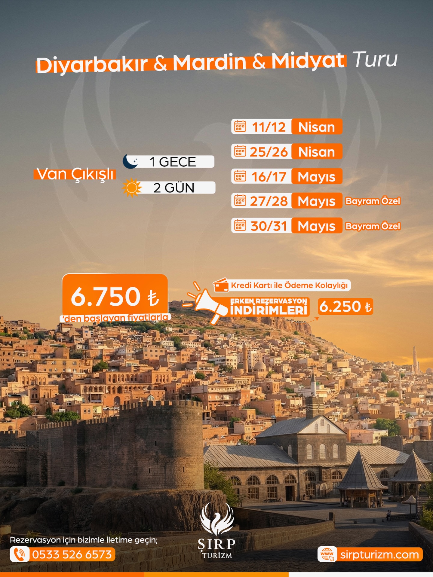 ✨ Tarihin ve kültürün kalbine, taş sokakların arasında unutulmaz bir yolculuğa hazır olun!
🏛️🌇 Diyarbakır ve Mardin’in eşsiz atmosferinde, her adımda ayrı bir hikâye keşfedeceksiniz…
💙 ŞİRP TURİZM İLE
1 GECE 2 GÜN
DİYARBAKIR & MARDİN TURU
⸻
📍 Hareket Noktası: Van Ezberciler İş Merkezi Önü
🕖 Hareket: 06.00
🕖 Van’a Varış: 23.00
⸻
📅 TUR TARİHLERİ
🗓️ 11/12 Nisan
🗓️ 25/26 Nisan
🗓️ 16/17 Mayıs
🗓️ 27/28 Mayıs ( Bayrama Özel )
🗓️ 30/31 Mayıs ( Bayrama Özel)
⸻
🗺️ GEZİLECEK YERLER
📍 1. GÜN – DİYARBAKIR
🕌 Diyarbakır Ulu Camii
🏛️ Hasan Paşa Hanı
🌉 On Gözlü Köprü
🗼 Dört Ayaklı Minare
🏰 Diyarbakır Surları
🏚️ Sülük Hanı
🕌 Hz. Süleyman Camii
🏛️ Cahit Sıtkı Tarancı Müzesi
🏺 Diyarbakır Arkeoloji Müzesi
📍 2. GÜN – MARDİN & MİDYAT
🏘️ Eski Mardin Sokakları
🏛️ Kasımiye Medresesi
⛪ Tarihi Kiliseler
🏺 Dara Antik Kenti
🏞️ Beyazsu
🏠 Sıla Konağı
🏘️ Midyat Taş Evleri
✨ Telkâri Gümüşçüler Çarşısı
🏞️ Midyat Mağaraları
🍷 Süryani Şarap Evi
⸻
✅ FİYATA DAHİL OLAN HİZMETLER
🚌 Turizm paket araçlarla konforlu ulaşım
🏨 1 gece otel konaklaması
🧑🏫Profesyonel rehberlik & refakat hizmeti
🥐 2 sabah kahvaltısı
🛡️ Seyahat sigortası
🍪 Araç içi ikramlar
💛 Şirp Turizm güvencesi ile ayrıcalıklı organizasyon
⸻
❌ FİYATA DAHİL OLMAYANLAR
🎟️ Müze ve ören yeri giriş ücretleri
🍽️ Öğle & akşam yemekleri
⸻
ℹ️ BİLMENİZİ İSTERİZ
💺 Oturma düzeni rezervasyon sırasına göre belirlenir.
🚌 Tüm ulaşım özel paket tur araçlarımız ile sağlanır.
📝 Katılım için Ad Soyad, TC Kimlik No, Doğum Tarihi ve iletişim bilgilerinizi iletmeniz yeterlidir.
⚠️Misafir tarafından yapılan iptallerde ön ödeme iade edilmez; acente iptali durumunda ücret iadesi sağlanır.
⸻
💳 TUR FİYATI
🚨Erken Rezervasyon ile Sadece: 6.250₺ !!
•Ön Ödeme: 2.500₺
👶 3 – 5 Yaş: 4.700₺
🧒 6 – 11 Yaş: 5.750₺
(İndirimler iki yetişkin yanında geçerlidir)
👥Gruplara özel indirimler mevcuttur.
📌Erken rezervasyon fırsatını kaçırmayın!
🌿 Sizin rahatınız, bizim tutkumuz; her yolculuk Şirp Turizm’le özel…
⸻
📲 DETAYLI BİLGİ & REZERVASYON
📞 0533 526 65 73
📞 0505 110 41 65
🌐 www.sırpturizm.com
📷 @sirpturizm
#sirpturizmlekesfet #şirpturizm #sirpturizm #mardin #diyarbakir