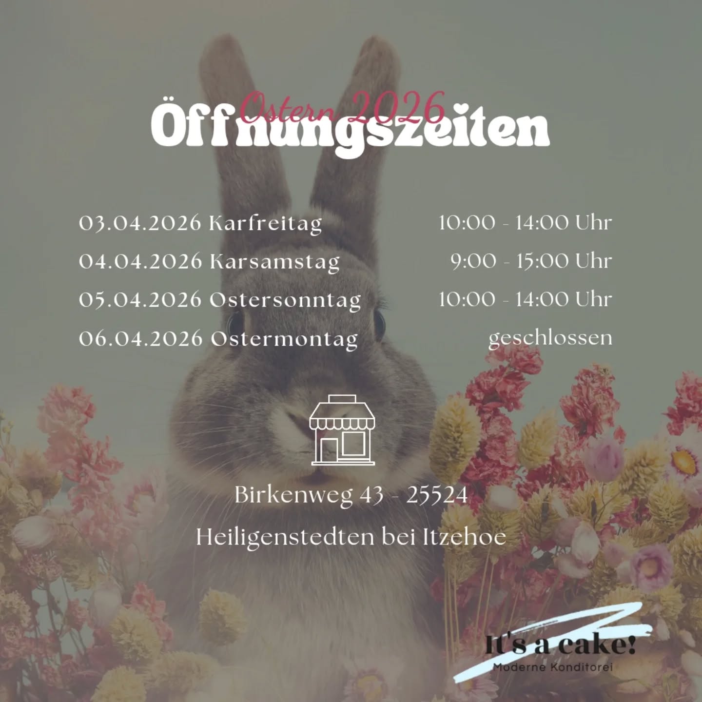 🐣✨ Unsere Öffnungszeiten zu Ostern ✨🐣
Kommt gerne vorbei und sichert euch eure Lieblingsprodukte für die Feiertage 💛
Vorab könnt ihr ganz entspannt durch unser gesamtes Ostersortiment stöbern:
🛒 www.itisacake.de
👉 Einfach online auswählen und bequem per Click & Collect vorbestellen
Wir freuen uns auf euch 🐰
Eure Julia 💛