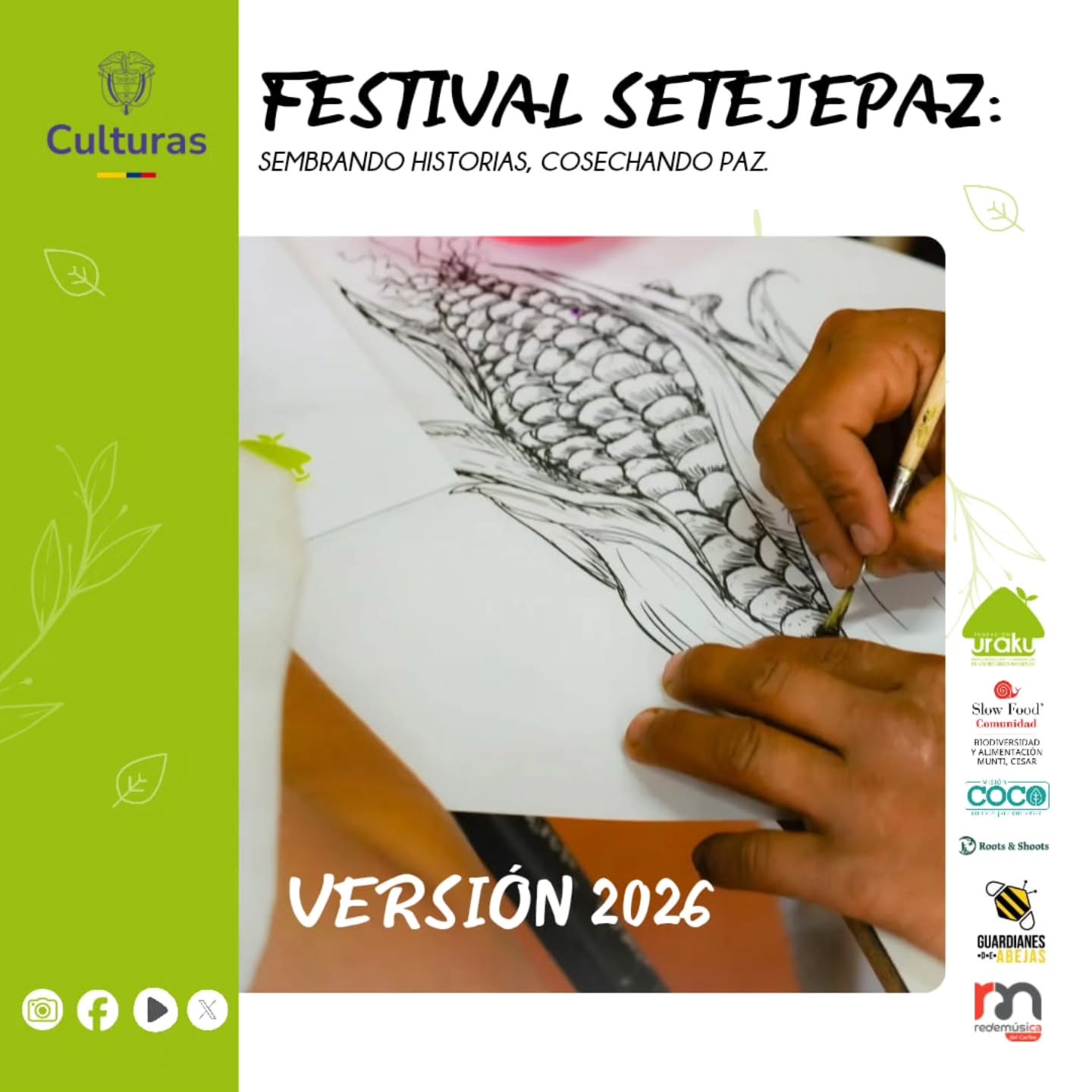 🌽✨ ¡Somos concertación cultural 2026!
El Festival SETEJEPAZ: Sembrando Historias, Cosechando Paz fue seleccionado en el Programa Nacional de Concertación Cultural – Proyectos Departamentales 2026 del Ministerio de Culturas.
Un reconocimiento que no es solo nuestro: es de las comunidades que guardan semillas, de las manos que dibujan la memoria, de los territorios que eligen la paz como forma de vida.
🌱 Este 2026 seguiremos sembrando historias que florecen en cultura, biodiversidad y reconciliación.
Gracias a nuestros aliados, guardianes y a cada persona que cree que desde la tierra también se construye la paz.
🫶 ¡Nos vemos en el festival!
#SETEJEPAZ #SembrandoHistorias #CosechandoPaz #ConcertaciónCultural2026 #MinisterioDeCulturas CulturaDePaz SemillasNativas SoberaníaAlimentaria Cesar
