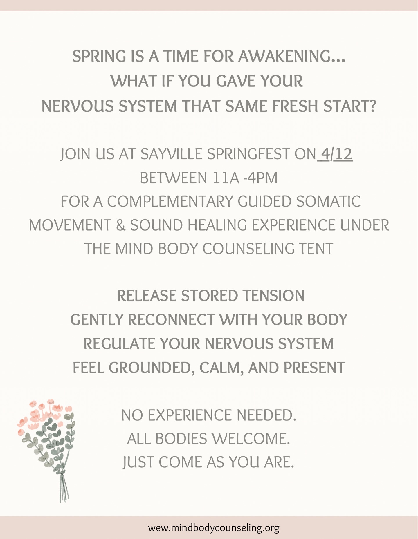 🗣️ Join us at Sayville Springfest on April 12th from 11AM–4PM! Step into a space designed for calm, connection, and gentle reset. You’ll find our clinicians under the Mind Body Counseling tent at 2 South Main Street in Sayville.
We’ll be offering complimentary guided somatic movement and sound healing experiences to help you:
• release stored tension
• reconnect with your body
• feel grounded, calm, and present
No experience needed. No pressure. Just come as you are.
We can’t wait to meet you. 🤍
#SayvilleSpringFest #MindBodyCounseling #SomaticHealing #NervousSystemReset #sayvillechamberofcommerce