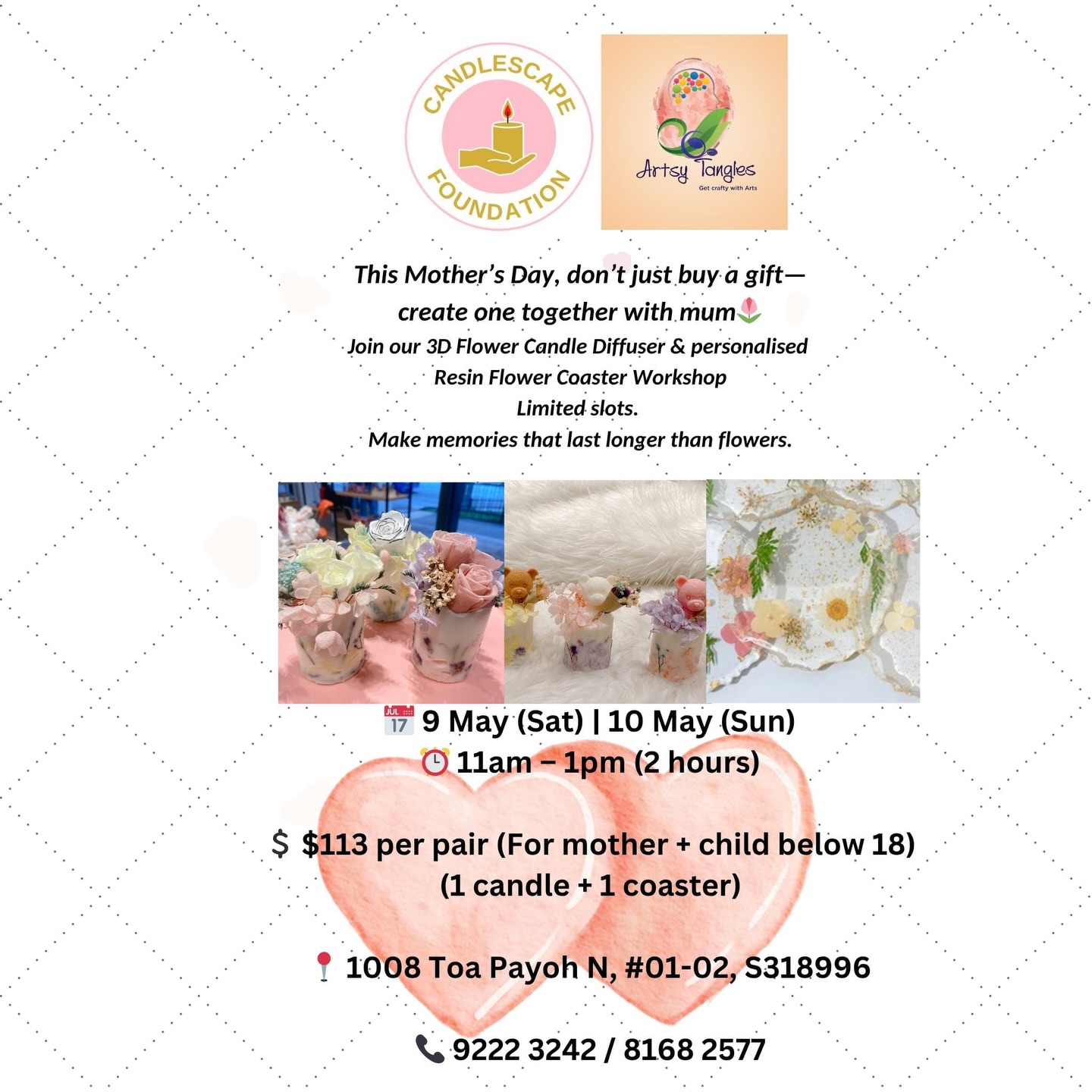 This Mother’s Day 💐
Don’t just buy a gift — create one with Mum
✨ 3D Flower Candle Diffuser
✨ Personalised Resin Flower Coaster
Limited slots – book early!
Make memories that last longer than flowers.