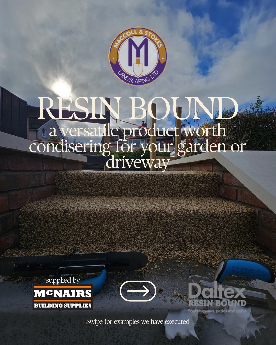 Resin bound is quickly becoming one of our go-to materials when reimagining outdoor spaces — and for good reason.
Whether you’re thinking about new steps, a flowing curved pathway through the garden, a clean and contemporary driveway, or a neat, accessible route around your home, resin bound offers a seamless, high-end finish that works beautifully in both modern and traditional settings.
Why consider resin bound?
• Smooth, permeable surface — helps with drainage and reduces puddling
• Low maintenance — no loose stones, minimal weed growth
• Durable and hard-wearing — ideal for driveways and high-traffic areas
• Fully customisable — a wide range of colours and aggregate blends
• Clean, seamless finish — perfect for curves, edges, and detailed layouts
Resin Bound vs Resin Bond — what’s the difference?
Resin bound systems mix the aggregate with resin before laying, creating a smooth, permeable surface.
Resin bonded systems scatter loose stone onto a resin-coated base, giving a more textured finish but without permeability — and can lead to loose stones over time.
We supply and install using trusted materials from @mcnairsbm , who stock the @daltexresinbound range — known for its consistent quality, durability, and premium finish.
If you’re looking to upgrade your garden or driveway with something that’s both practical and visually striking, resin bound could be the perfect solution.
Get in touch to start reimagining your space.