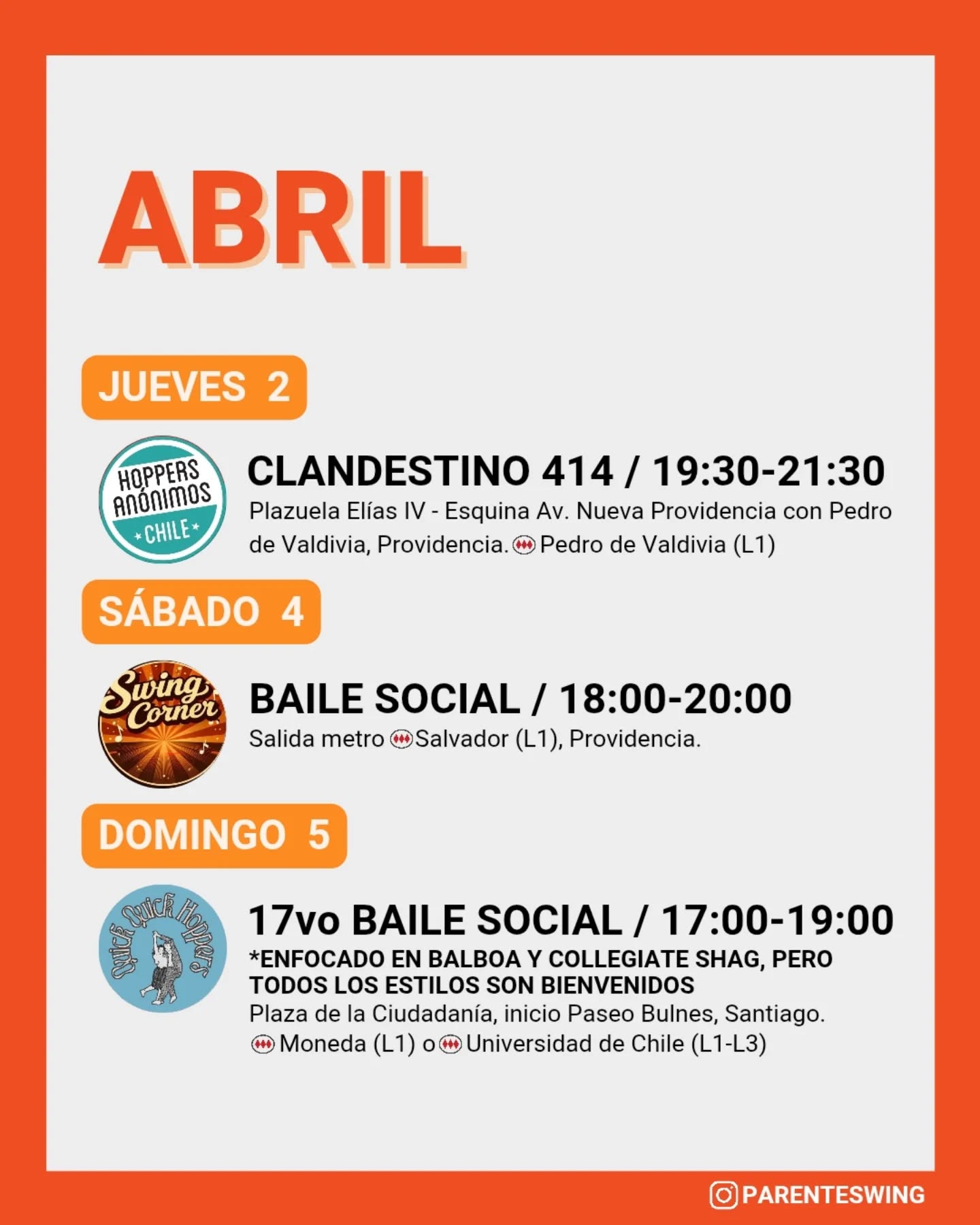 ✨Todos los eventos son gratuitos y abiertos a todo público, a menos que se indique valor de entrada 💸
‼️Cualquier modificación o nuevo evento en los comentarios de esta publicación 👇🏻 y/o por historias 👆🏻
🤔 Qué es un Clandestino o Baile Social?
Una instancia donde fanáticos de los bailes swing (Lindy hop, Balboa, Shag, Solo jazz) se reunen a compartir, hacer comunidad y a la vez, practicar.
❌ Las actividades publicadas NO son instancias de clases para aprender a bailar, a menos que se indique “Clase Abierta/Gratis”.
👀 Quieres aprender a bailar?
En nuestra historia destacada “CLASES” encuentras los formularios de inscripción con toda la información a los distintos cursos del mes de las escuelas de bailes swing ✨
Nos vemos en la pista! 💃🏻🕺🏻🔥
#lindyhopchile #swingchile #panoramasgratis #swingdancechile #swingdancingchile