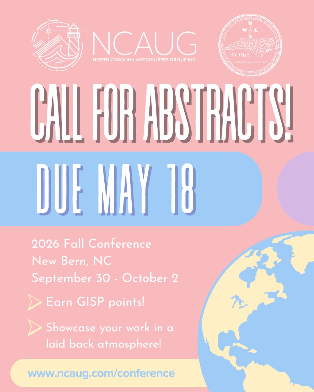 Friendly Reminder: There’s still time to submit a presentation abstract for the 2026 NCAUG Conference in New Bern! Presenting at our conference is a great opportunity to share your work, connect with peers in the geospatial community, and earn GISP certification points!
🗓️ Conference Dates: September 30 – October 2
👩🏫 Presentation Abstract Submission Deadline: May 18
🔗 Submit your proposal today through the conference website: www.ncaug.com/conference