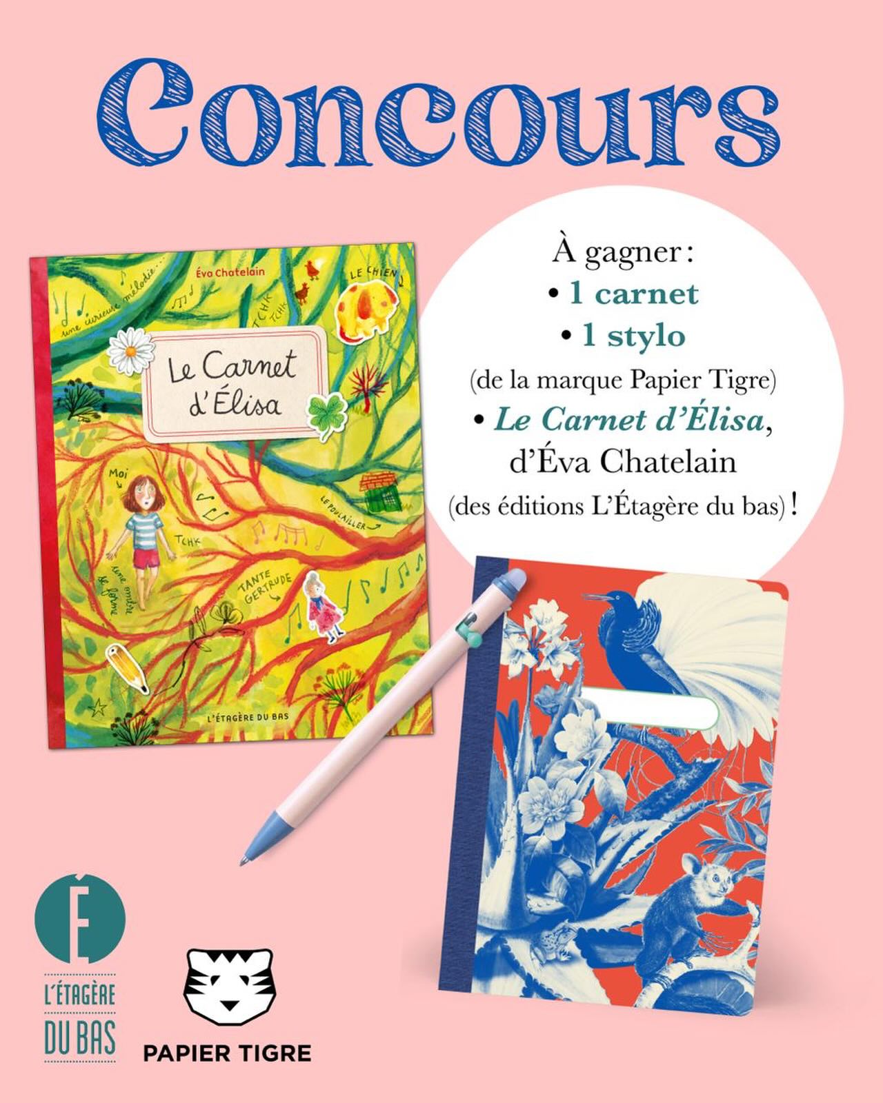 À l’occasion de la parution de l’album « Le Carnet d’Élisa » de @eva_chatelain , les @editions_de_letageredubas et la marque
@papiertigram vous ont préparé un concours digne des plus créatif·ve·s d’entre vous ! 💫✏️
Tentez de remporter l’album ainsi qu’un magnifique carnet A5 accompagné de son stylo effaçable !
L’album, pour les enfants à partir de 7 ans, explore avec beaucoup d’humour le rapport à l’écriture, et met en lumière la richesse des relations grands-parents / enfants.
Quant au carnet, celui-ci comprend 96 pages numérotées, un calendrier de 12 mois, trois types de papiers différents pour varier les usages, et un index pratique afin d’organiser vos notes de manière efficace.
Pour participer au concours et ainsi tenter de remporter le lot, rien de plus simple :
-Suivez
@papiertigram et les
@editions_de_letageredubas
-Likez cette publication ♥️
-Si vous le souhaitez, dites-nous en commentaire quel usage vous faites de vos carnets ! Journal intime, dessin, écriture… Nous serons curieux de vous lire ! 😉
Vous avez jusqu’au 14 avril pour participer. Le concours est ouvert à toute la France métropolitaine. Le ou la gagnant·e sera ensuite tiré·e au sort, annonce le 15 avril sur le post et dans nos stories respectives.
Bonne chance à tous·tes ! 🍀
#letageredubas #papiertigre #concours #evachatelain #carnet
