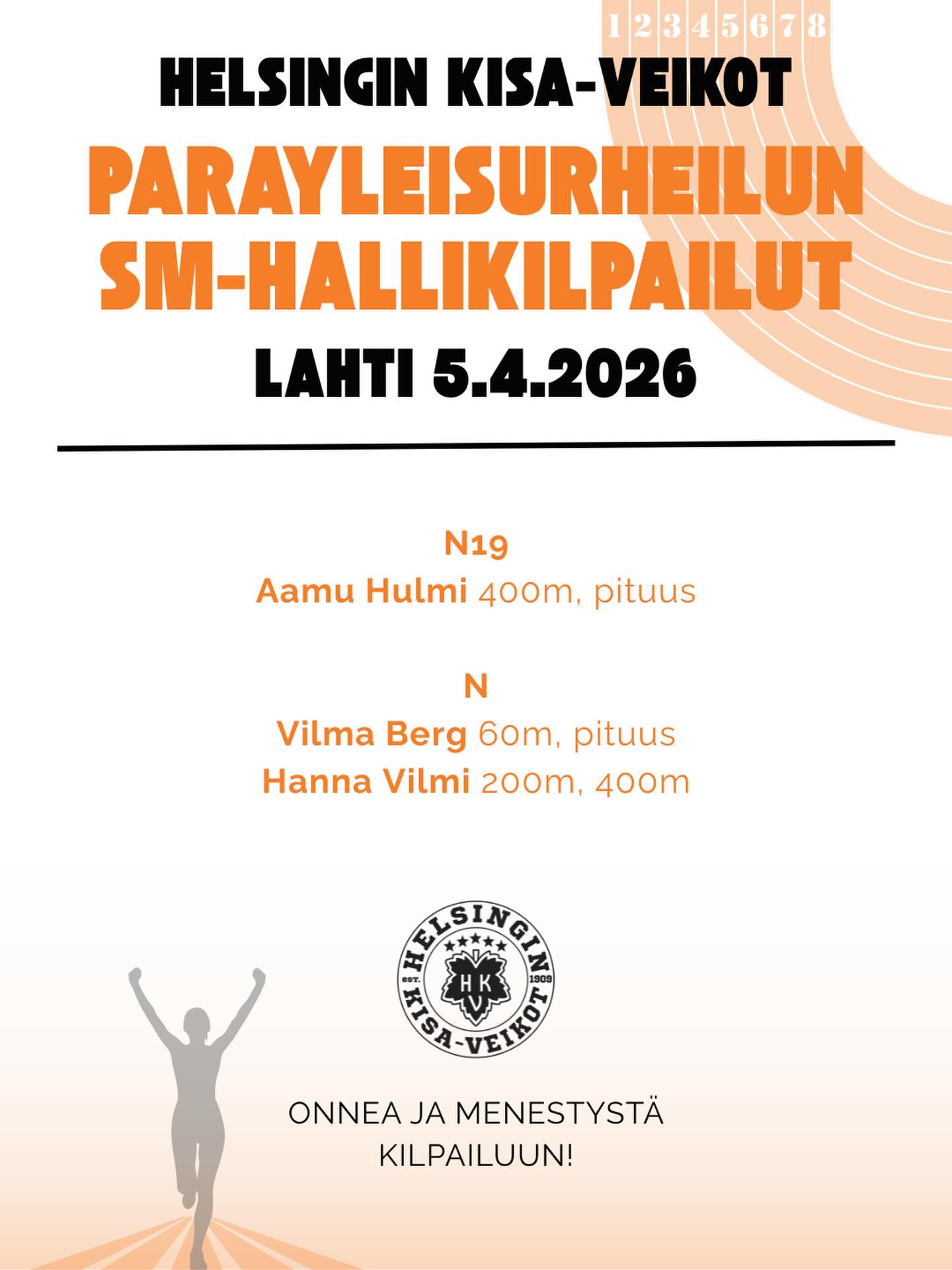 Parayleisurheilun SM-hallit kilpaillaan sunnuntaina Pajulahdessa. HKV:ltä mukana Aamu Hulmi, Vilma Berg ja Hanna Vilmi. Onnea ja menestystä kilpailuun Kisa-Veikot! 🖤🤍