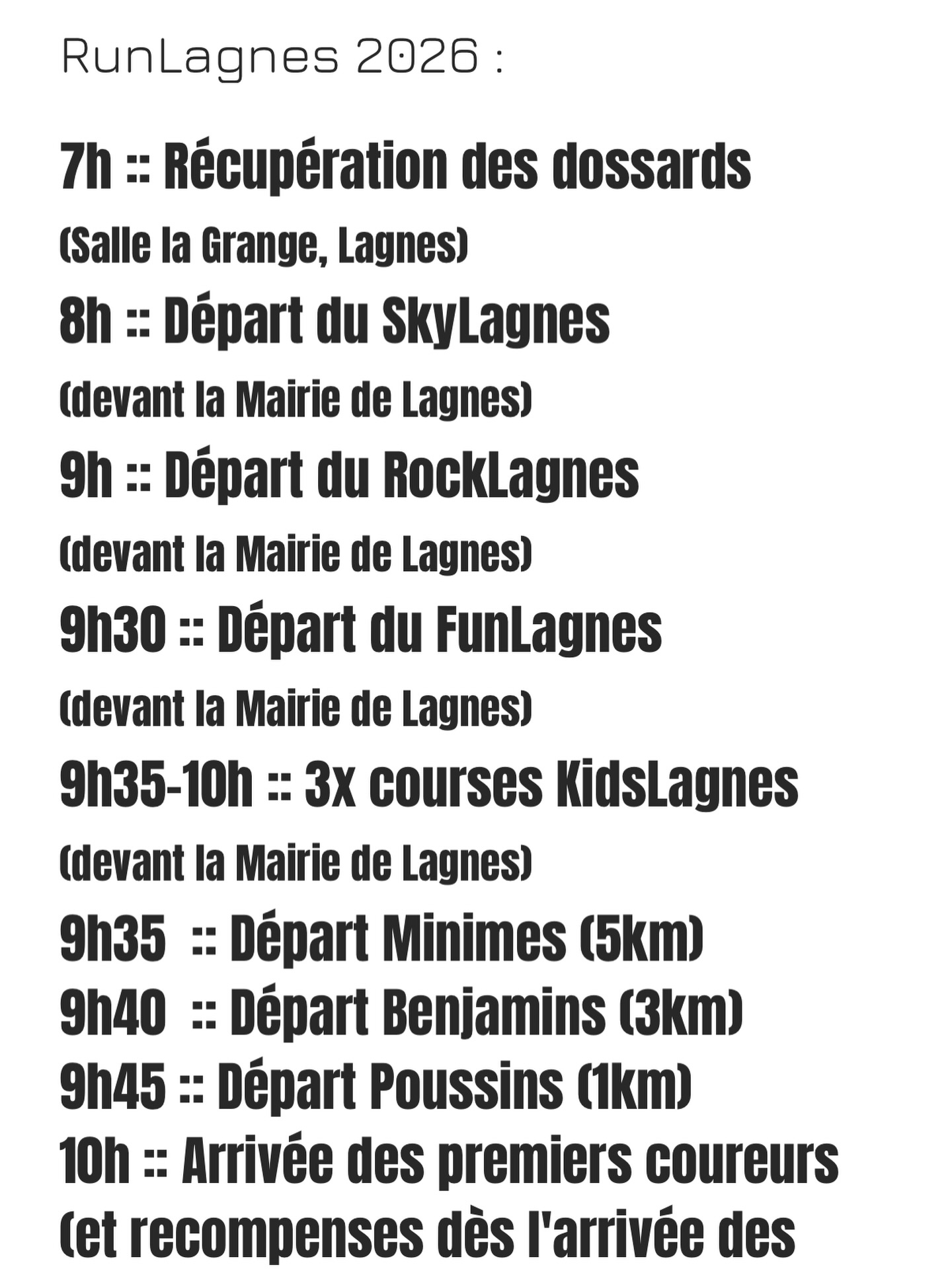 🚨Petit rappel pour ceux qui ont la chance de faire le RunLagnes ce samedi :
➡️Retrait des dossards à partir de 7h sur place
➡️Pas de verre sur les ravitos -trail écologique- donc prenez vos flasques ou vos cups pliables !
➡️Amenez votre bonne humeur, on s’occupe du chocolat et de l’ambiance 😜
A samedi !!
#runlagnes