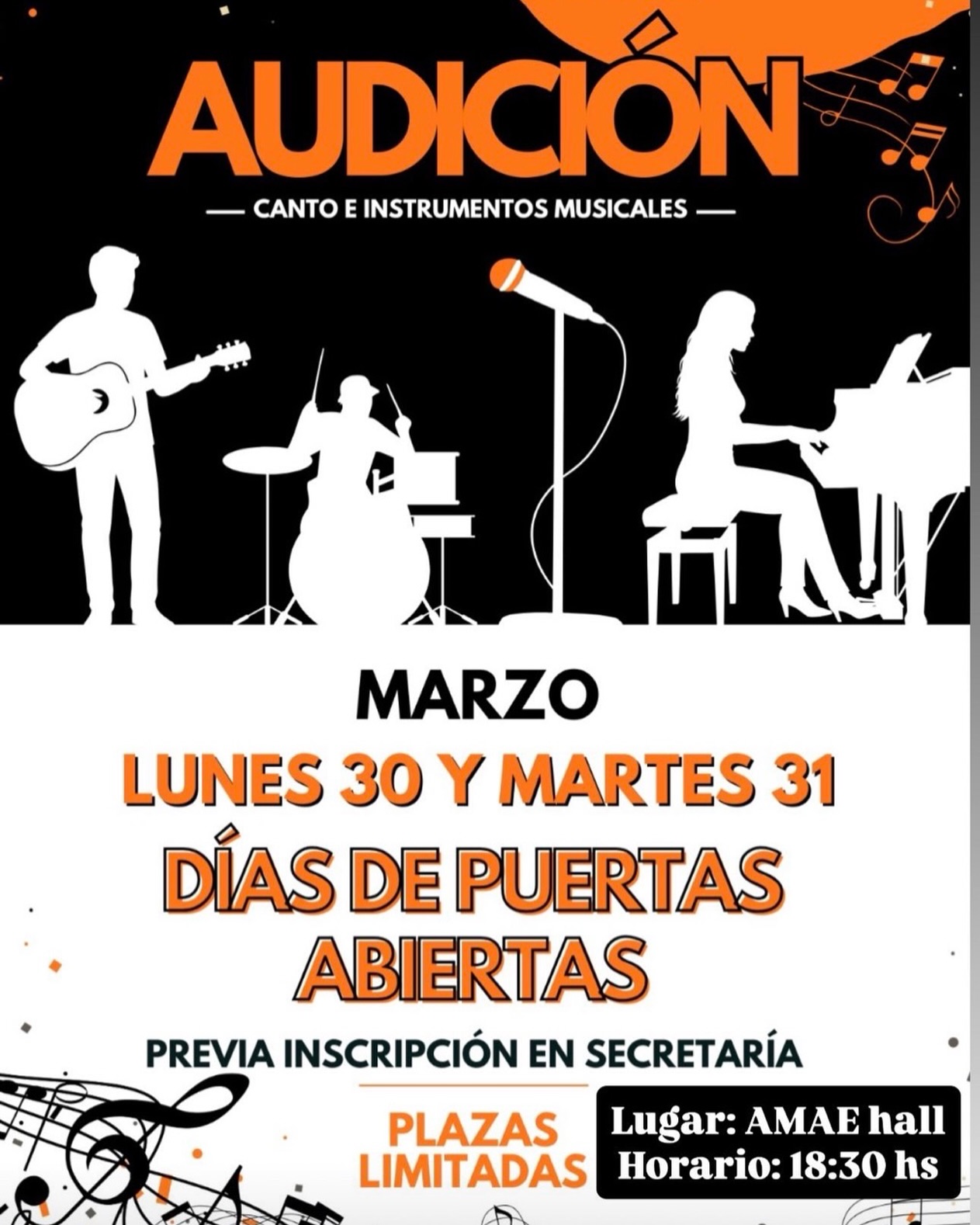 AMAE te invita a participar de las próximas jornadas de audiciones con carácter formativo , para alumnos
Objetivos :
✅entrenar la puesta en escena con audiencia ,
✅cumplir con los objetivos que se trazan y practican durante las clases
✅invitar a padres , madres, tutores y amigos a nuestras instalaciones en dos jornadas de puertas abiertas
🟠Plazas disponibles para público , hasta completar aforo