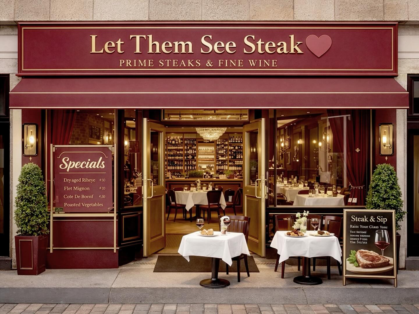 Hi everyone, an important message from us this morning. Unfortunately, we've decided that cakes just aren't for us anymore, but we've already paid our rent upfront so we're going to be rebranding as of today.
Welcome to Let Them See Steak 🥩 The same cheerful service you know and love, but now open 5:30-10. Pop in and see us for Flet Mignon, Poasted Vegetables and a warming Glaas of Vnne.
We can't wait to see you and thanks for your continued support!
Gareth, Ryan and team LTTS x