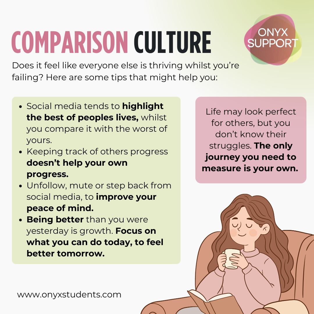 Comparison culture can make it feel like everyone else is thriving while youâre falling behind, especially on social media.
But youâre comparing your real life to someone elseâs highlight reel. You donât see their stress, delays, rejections, support, or struggles behind the scenes.
A few gentle reminders:
⢠Unfollow/mute accounts that trigger you (protecting your peace is allowed).
⢠Track your own progress â small wins count.
⢠Your timeline doesnât have to match anyone elseâs.
⢠You can take breaks from social media without âmissing outâ.
Youâre not failing, youâre learning, growing, and doing your best with what you have.
The only journey you need to measure is your own đ
If youâre finding comparison and self-doubt are affecting your wellbeing or studies, support is available. DSA Specialist Mentoring can help with confidence, anxiety, motivation and self-compassion, and Study Skills support can help with planning, workload and managing overwhelm.
đ www.onyxstudents.com
#ComparisonCulture #SocialMediaAnxiety #StudentWellbeing #SelfCompassion #DSA #SpecialistMentoring #StudySkills #OnyxSupport #DSASupport #AtW #SocialMedia #Depression #Failing #Success