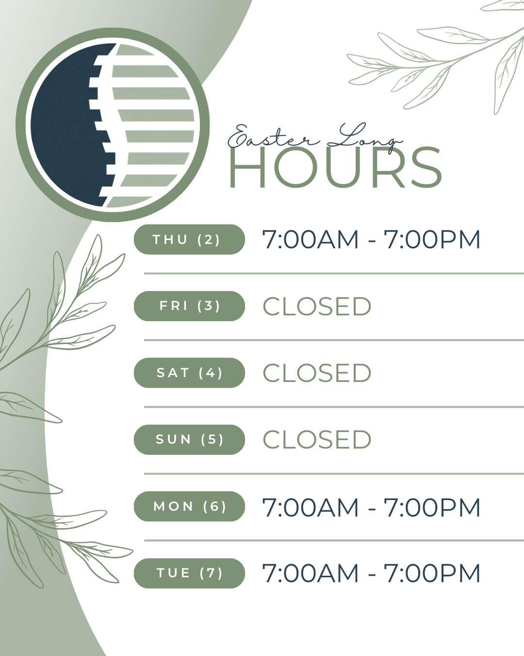 ✨Easter Long Weekend Hours✨
Our office will be closed from Friday, April 3rd to Sunday, April 5th. Regular hours resume on Monday, April 6th.
Wishing everyone a Happy Easter and a fantastic long weekend. 💐🐰